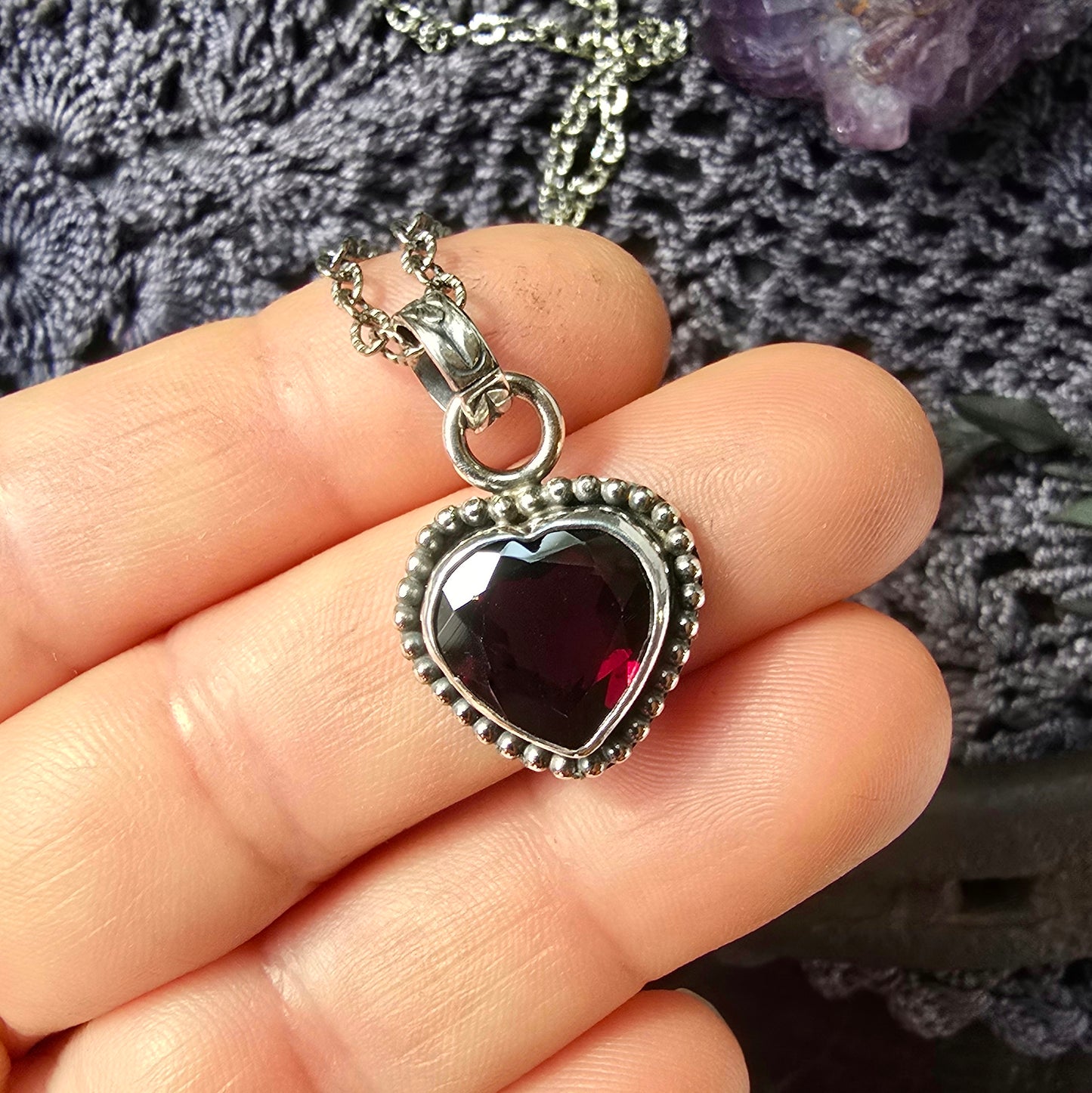 GARNET HEART Necklace | Fine & 925 Sterling Silver Faceted Table Cut Open Back Red Garnet Silver Heart Pendant