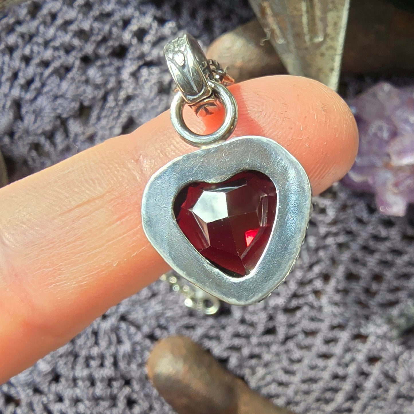 GARNET HEART Necklace | Fine & 925 Sterling Silver Faceted Table Cut Open Back Red Garnet Silver Heart Pendant