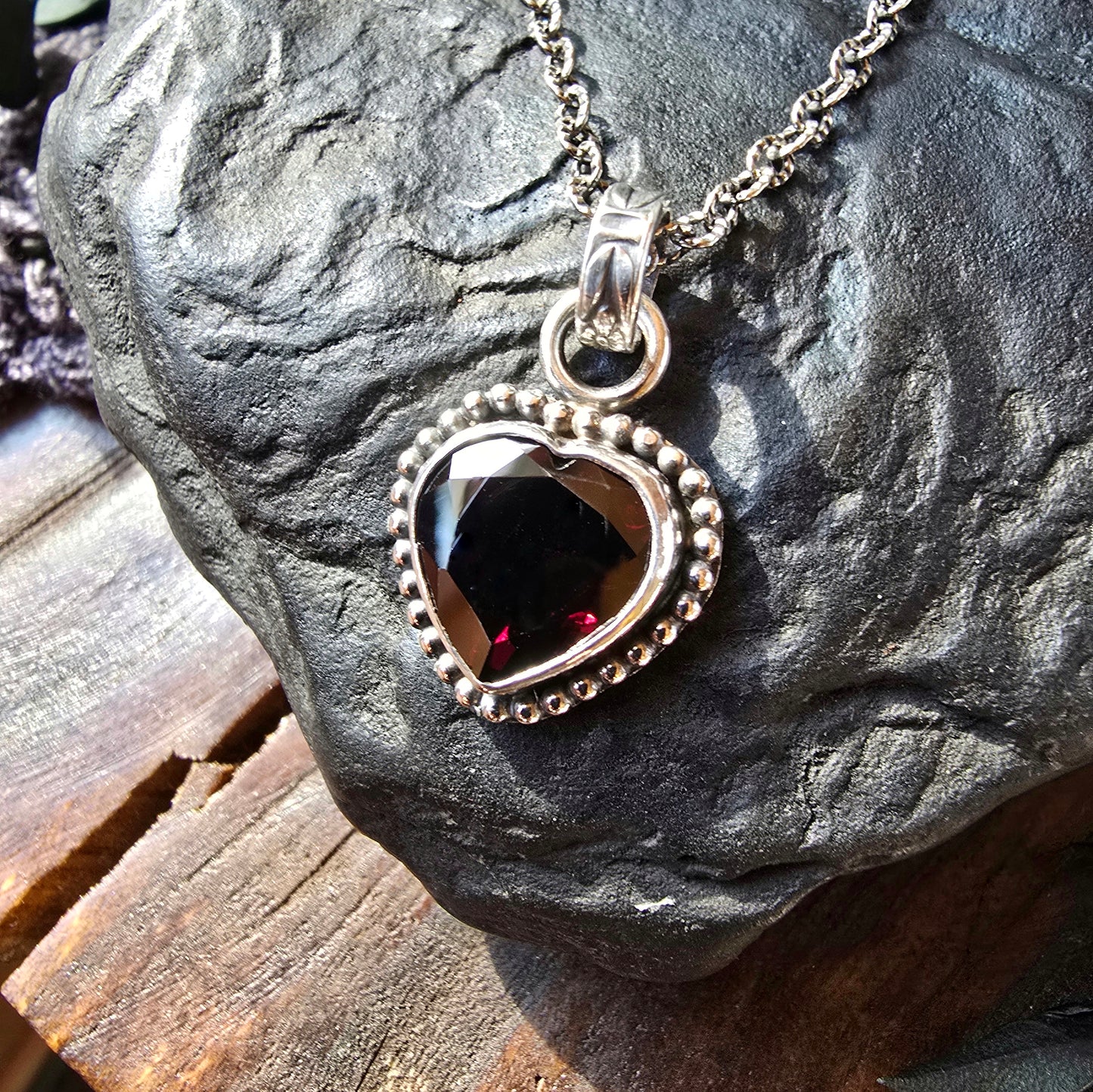 GARNET HEART Necklace | Fine & 925 Sterling Silver Faceted Table Cut Open Back Red Garnet Silver Heart Pendant
