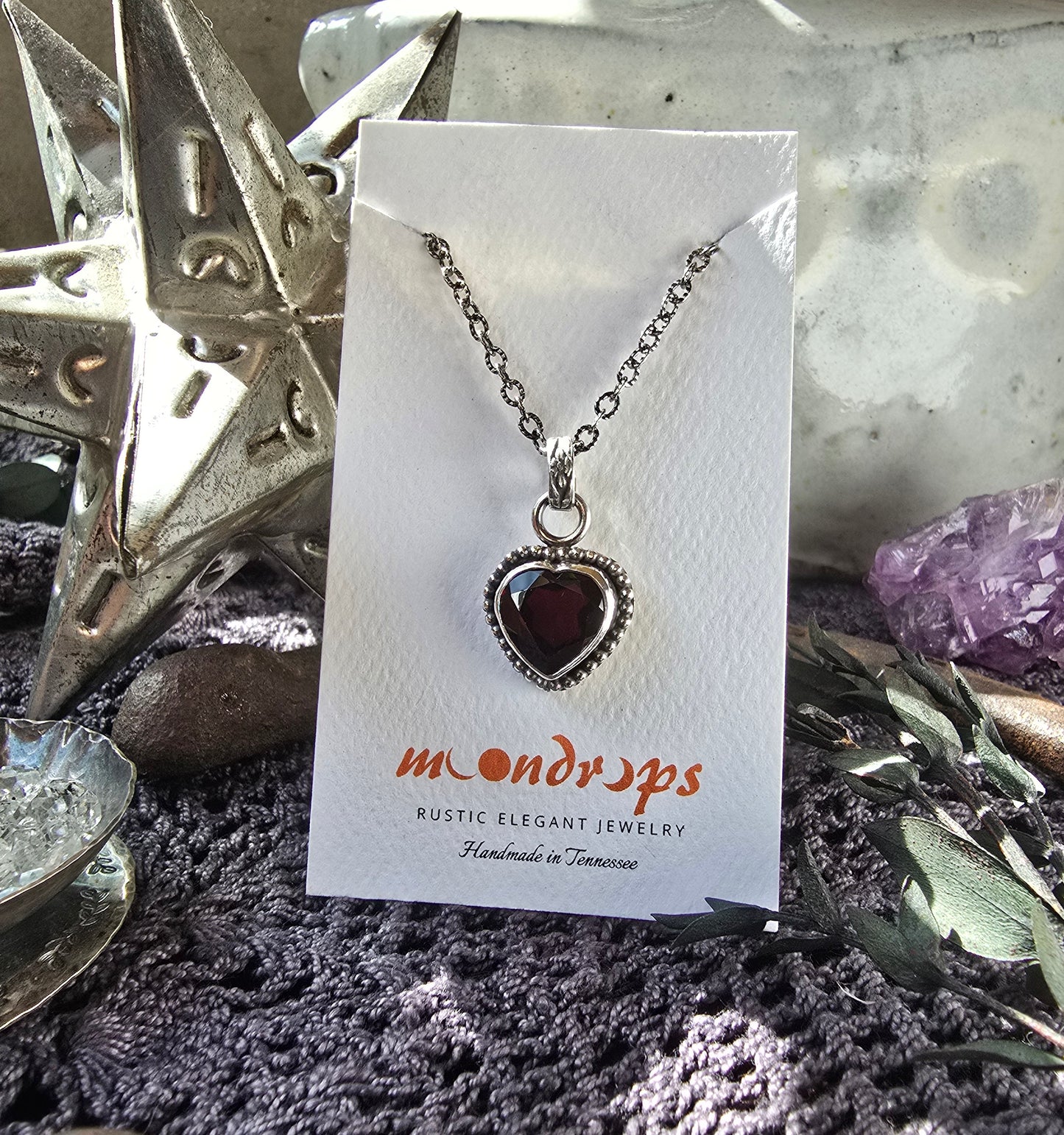 GARNET HEART Necklace | Fine & 925 Sterling Silver Faceted Table Cut Open Back Red Garnet Silver Heart Pendant