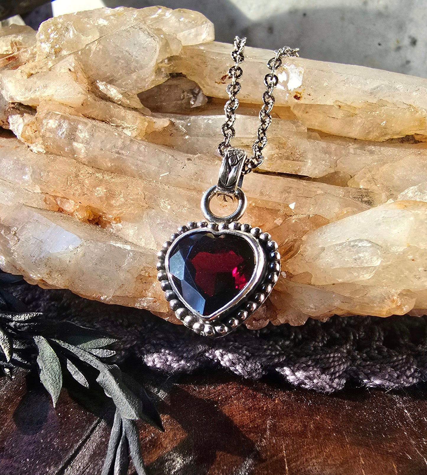 GARNET HEART Necklace | Fine & 925 Sterling Silver Faceted Table Cut Open Back Red Garnet Silver Heart Pendant