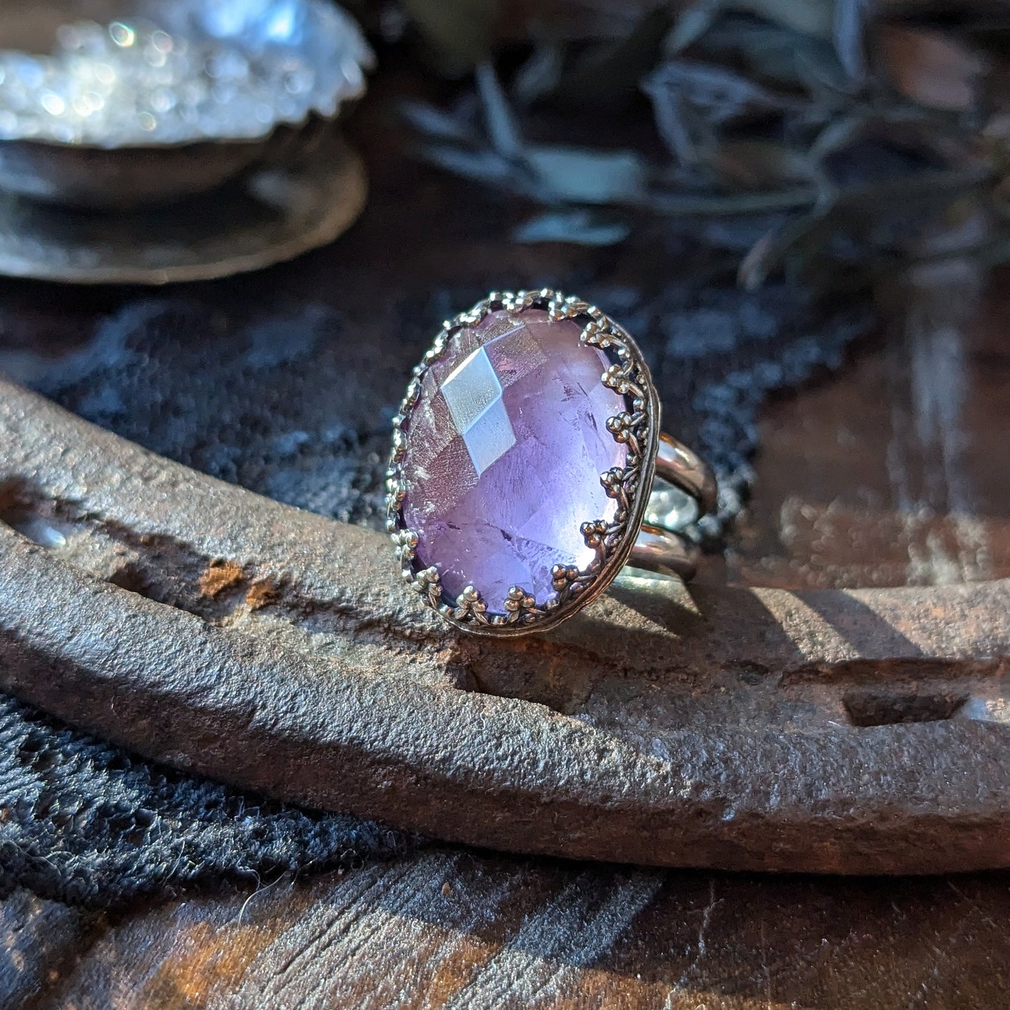 AMETHYST Ring | 925 Sterling Silver Inverted Heart Fancy Gallery Bezel Natural Rose Cut Amethyst Ring