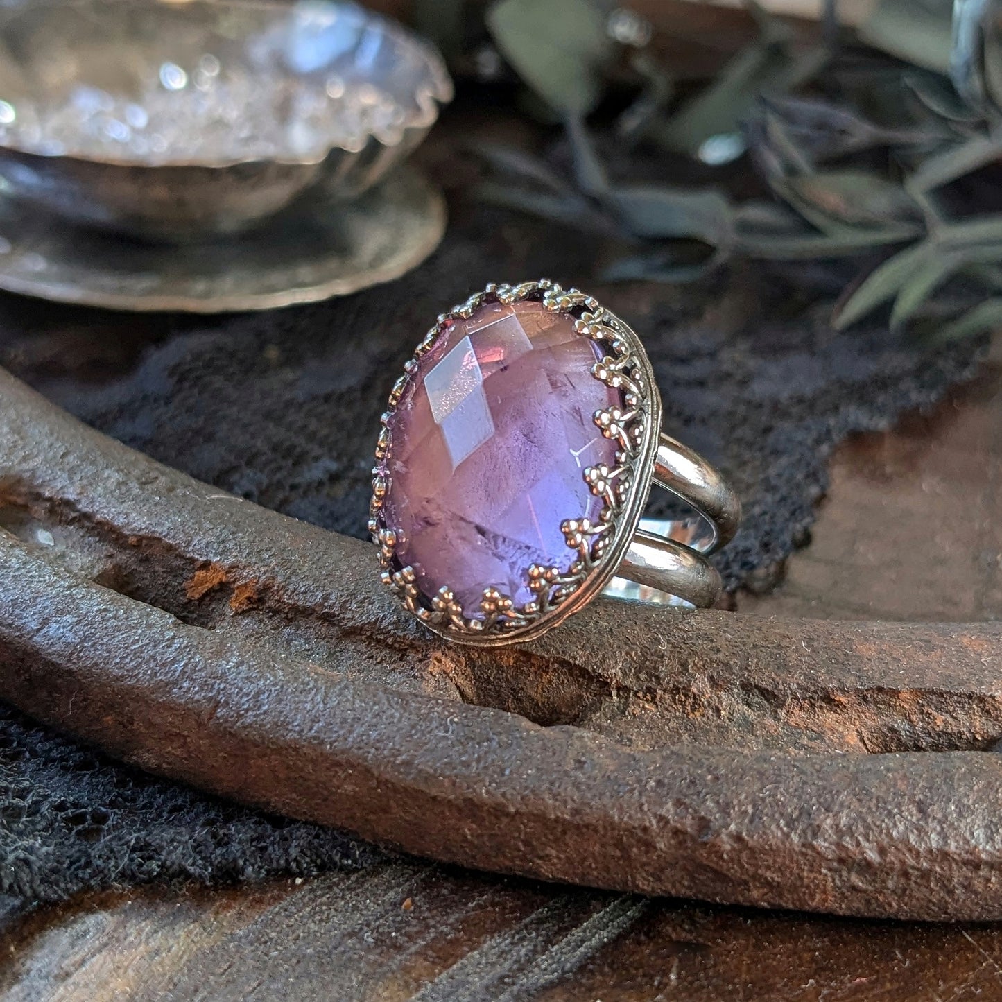 AMETHYST Ring | 925 Sterling Silver Inverted Heart Fancy Gallery Bezel Natural Rose Cut Amethyst Ring