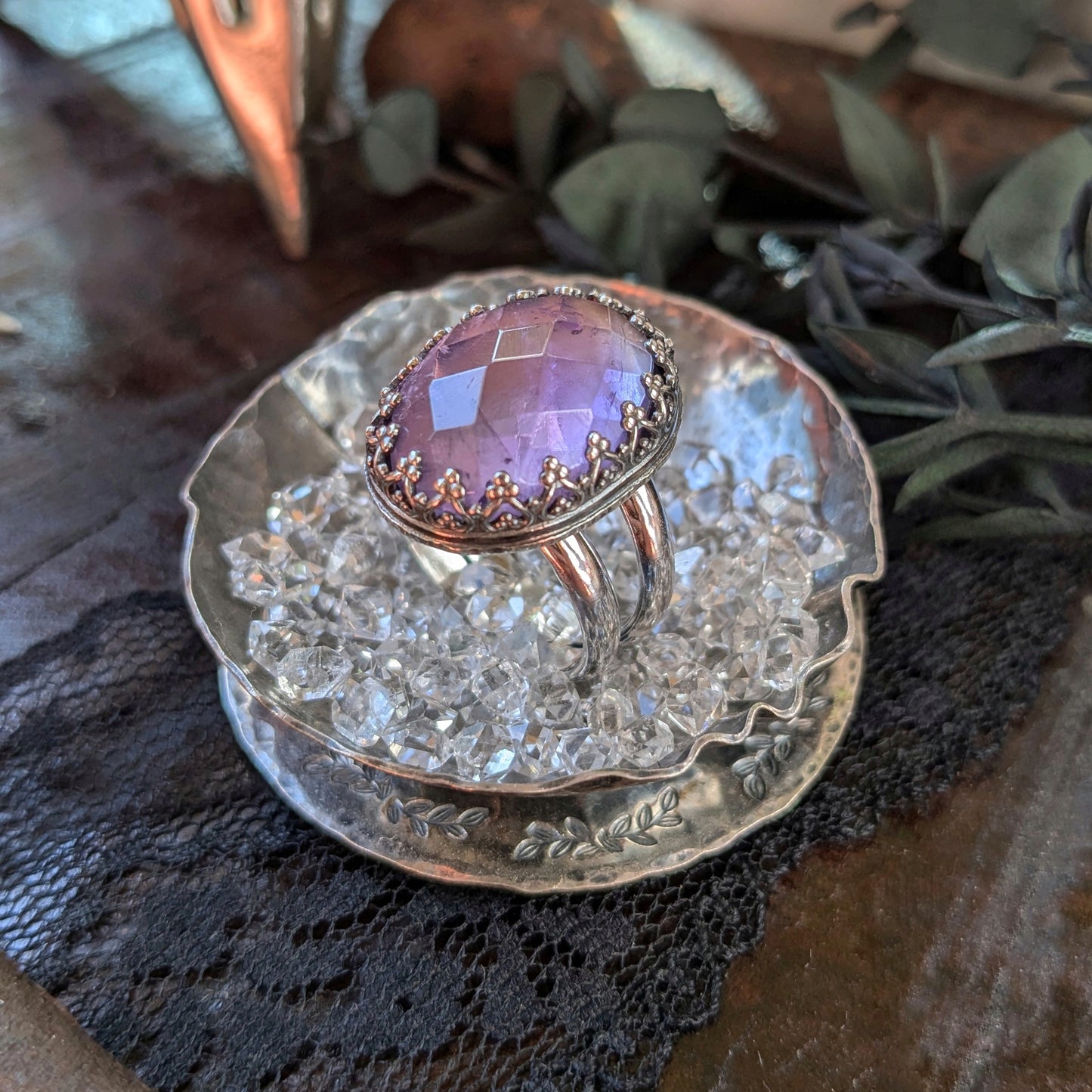AMETHYST Ring | 925 Sterling Silver Inverted Heart Fancy Gallery Bezel Natural Rose Cut Amethyst Ring