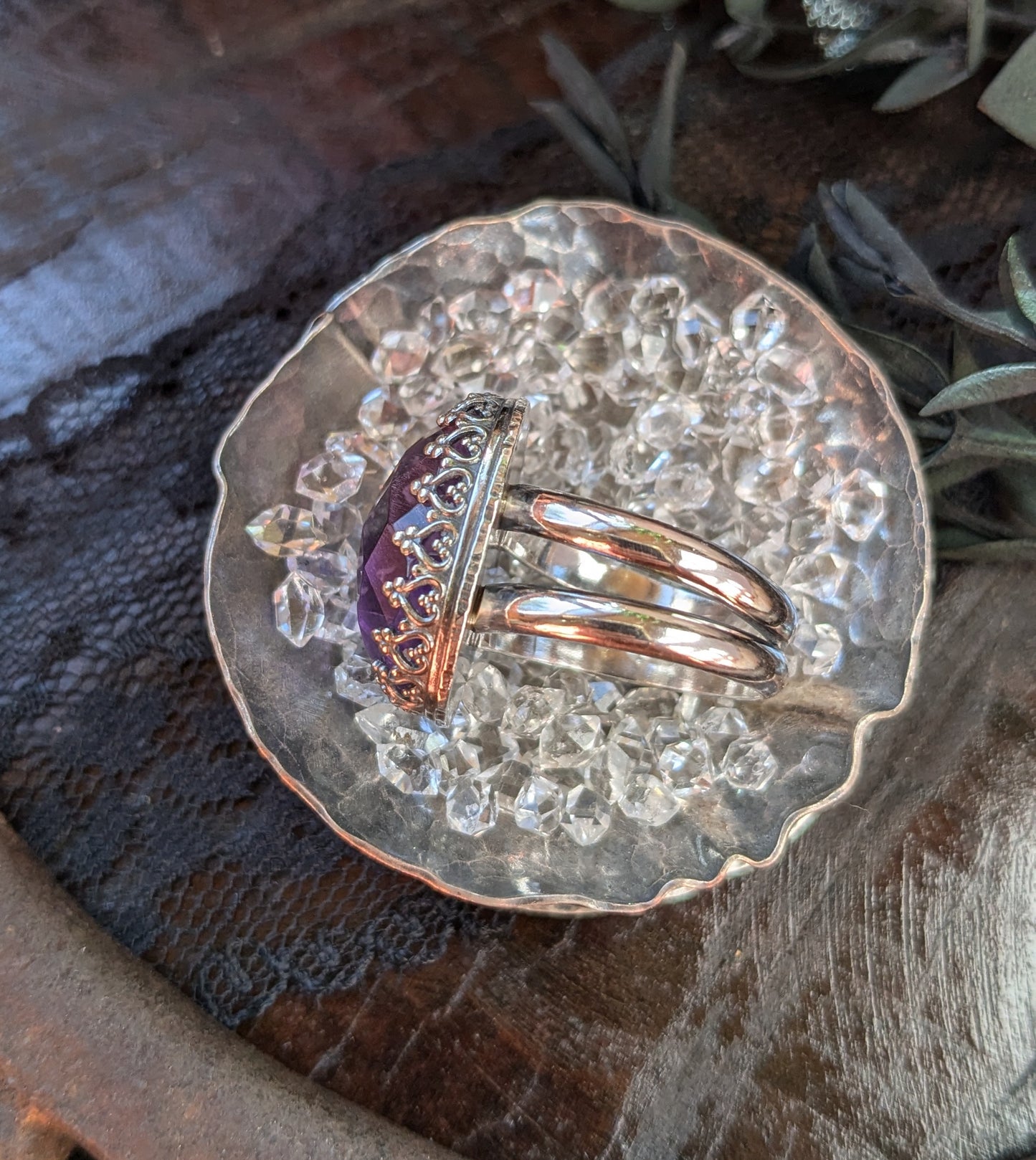 AMETHYST Ring | 925 Sterling Silver Inverted Heart Fancy Gallery Bezel Natural Rose Cut Amethyst Ring