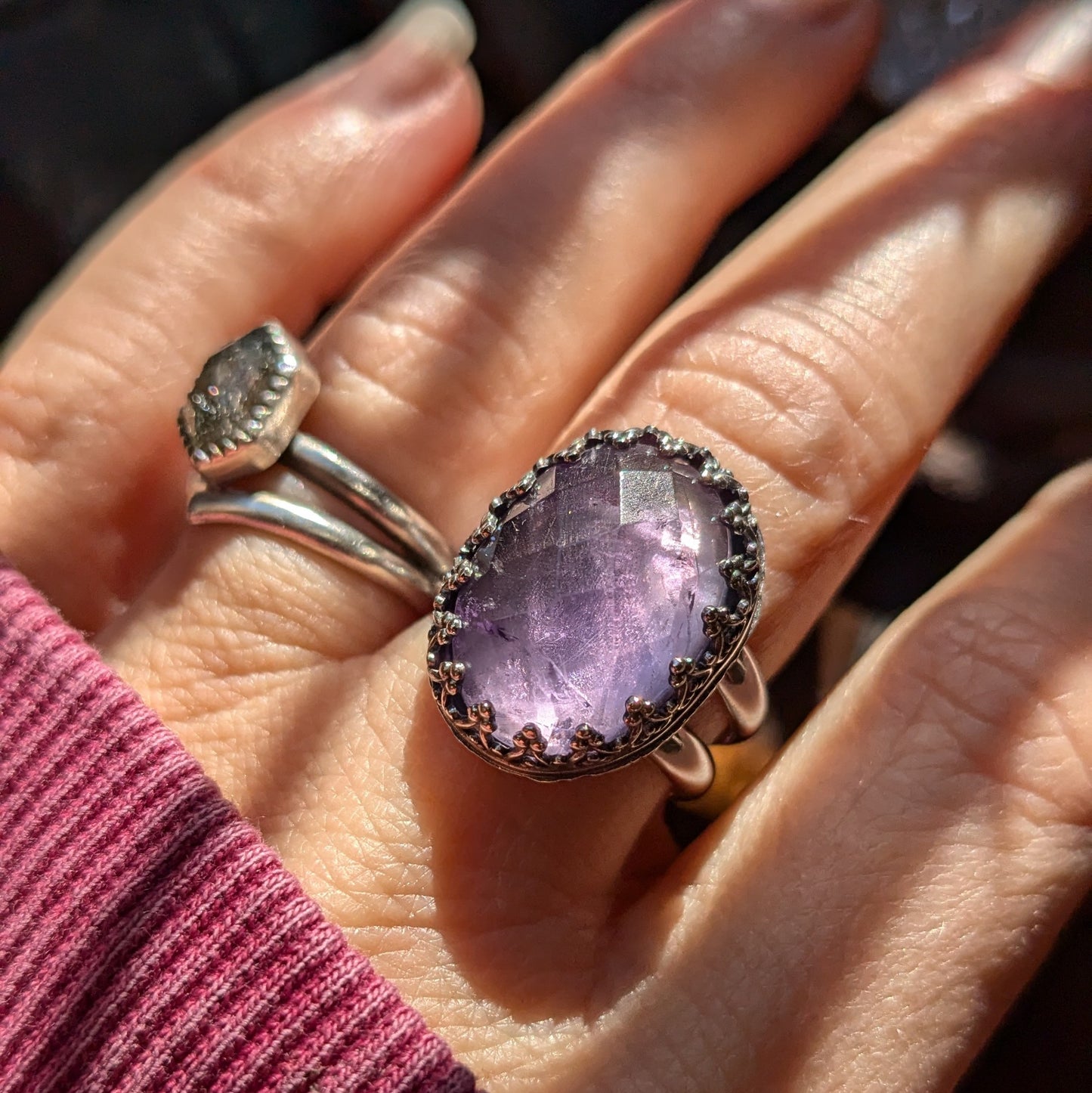 AMETHYST Ring | 925 Sterling Silver Inverted Heart Fancy Gallery Bezel Natural Rose Cut Amethyst Ring