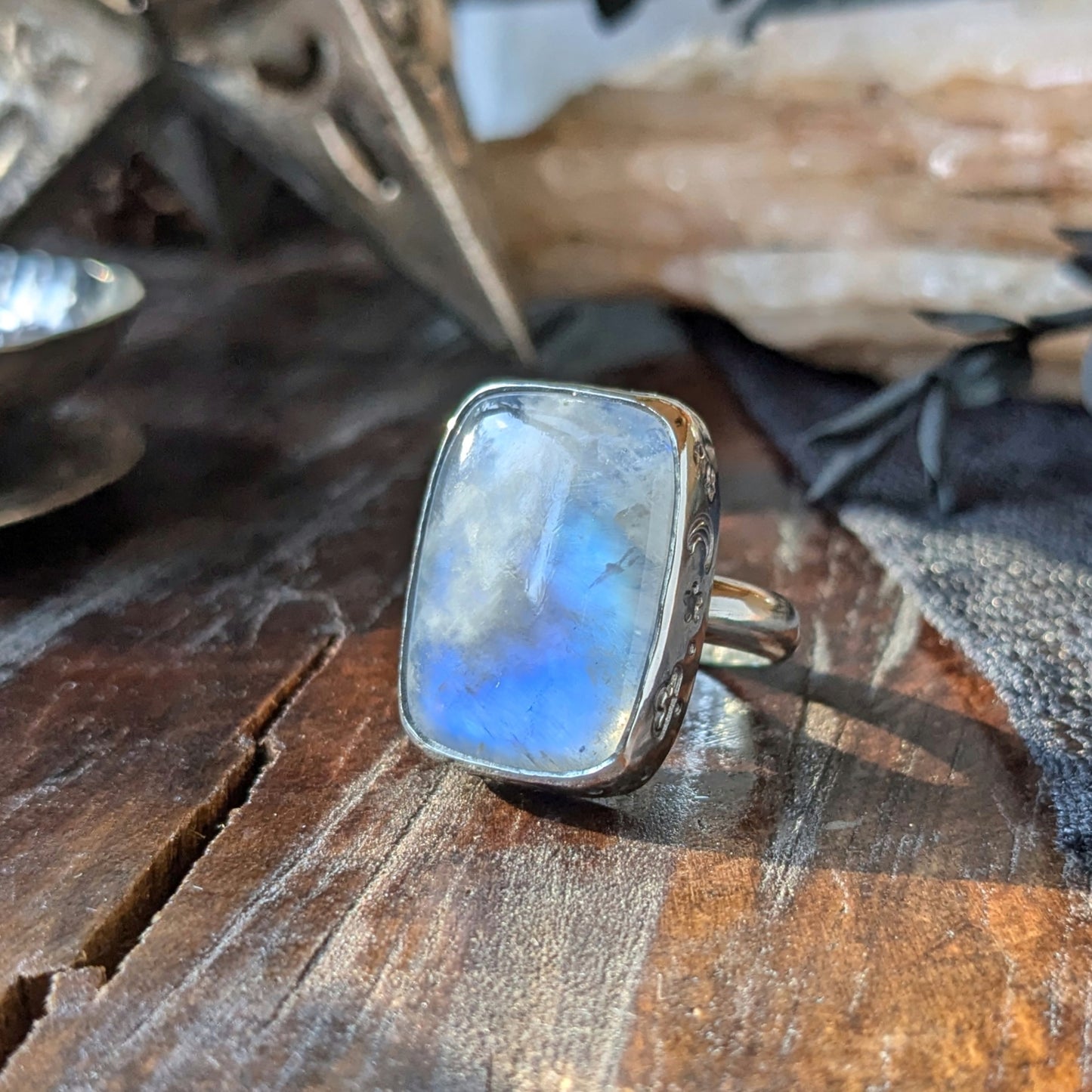 MOONSTONE Moon & Star Large Rectangle 925 Sterling Silver Ring