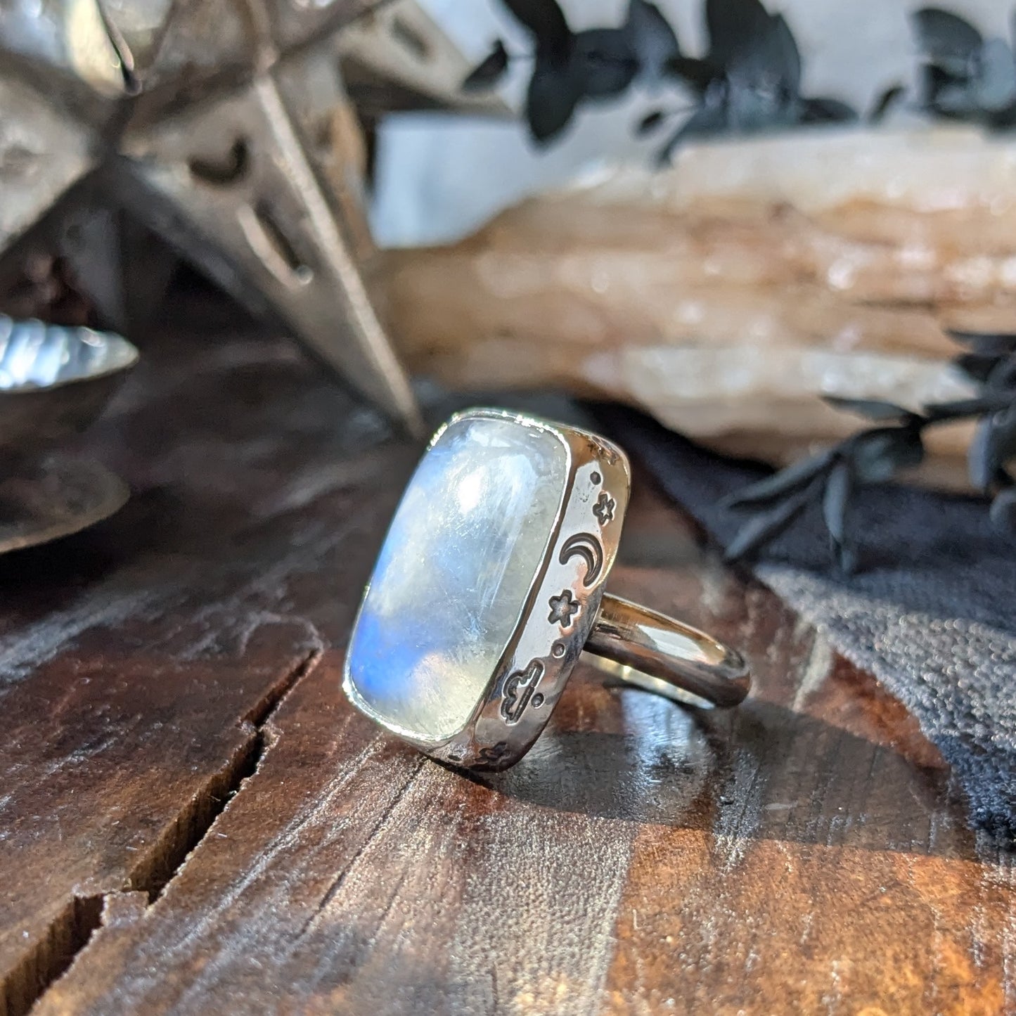 MOONSTONE Moon & Star Large Rectangle 925 Sterling Silver Ring