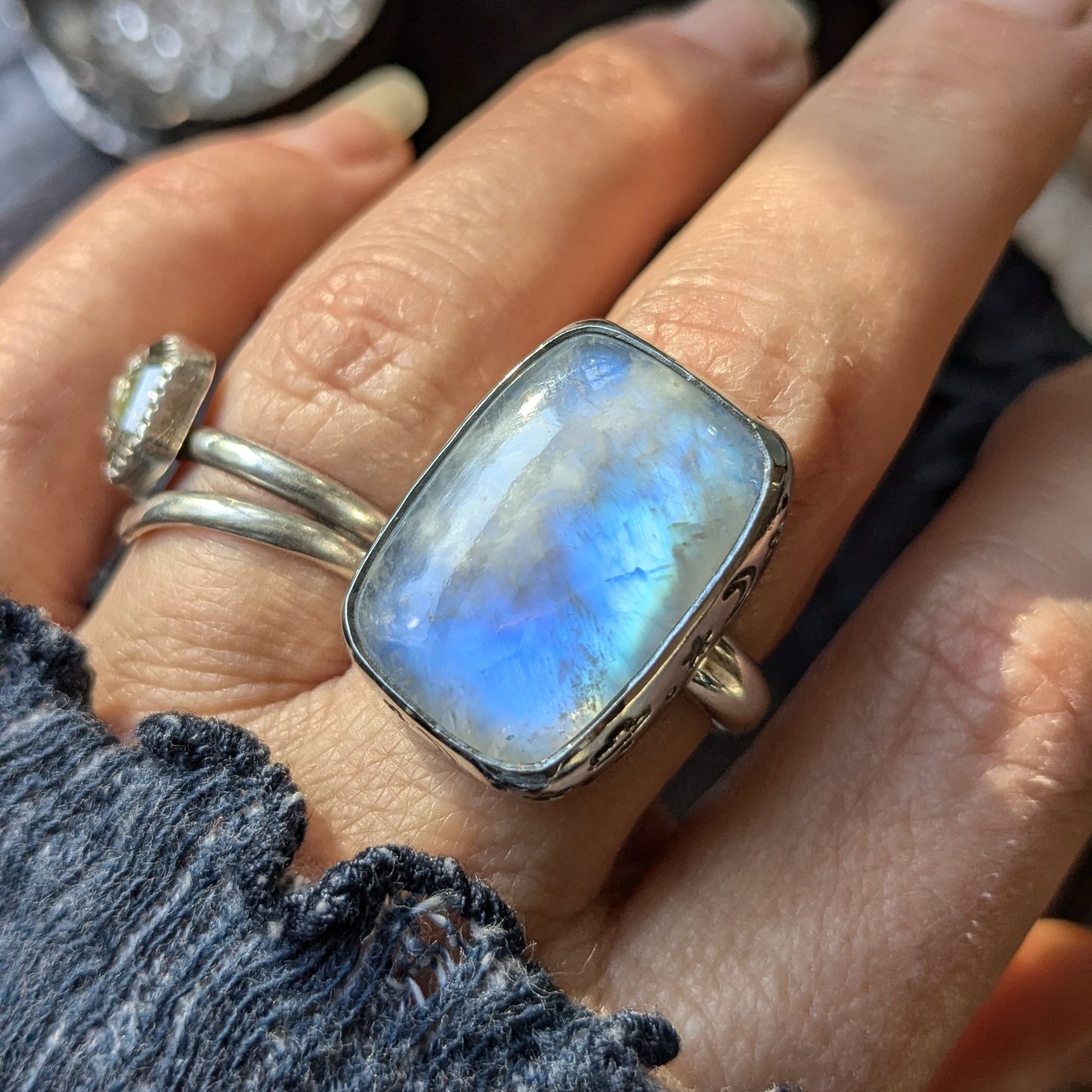 MOONSTONE Moon & Star Large Rectangle 925 Sterling Silver Ring