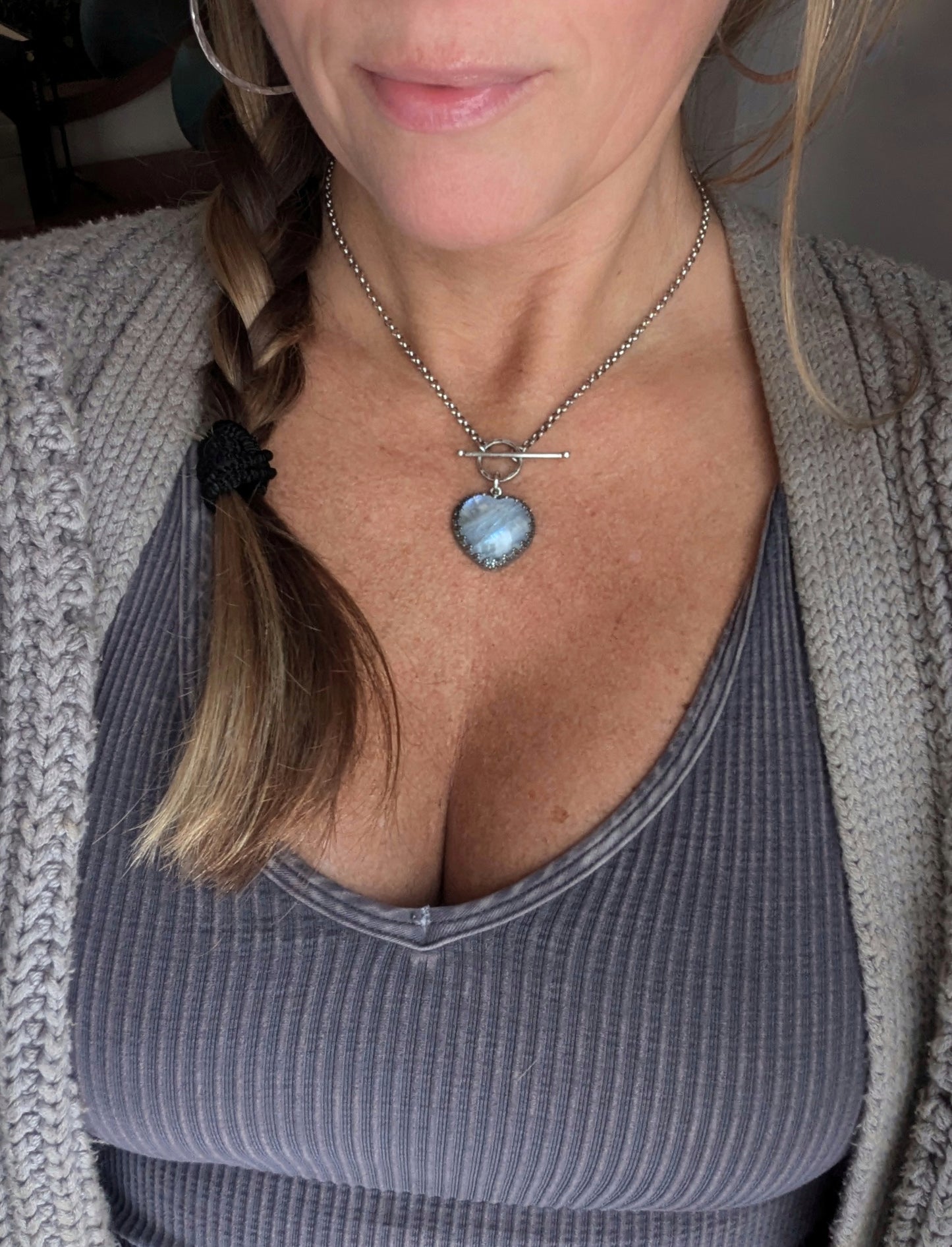 MOONSTONE HEART Necklace | 925 Sterling Silver Blue Flashing White Moonstone Heart Toggle Necklace | Fancy Inverted Heart Gallery Bezel