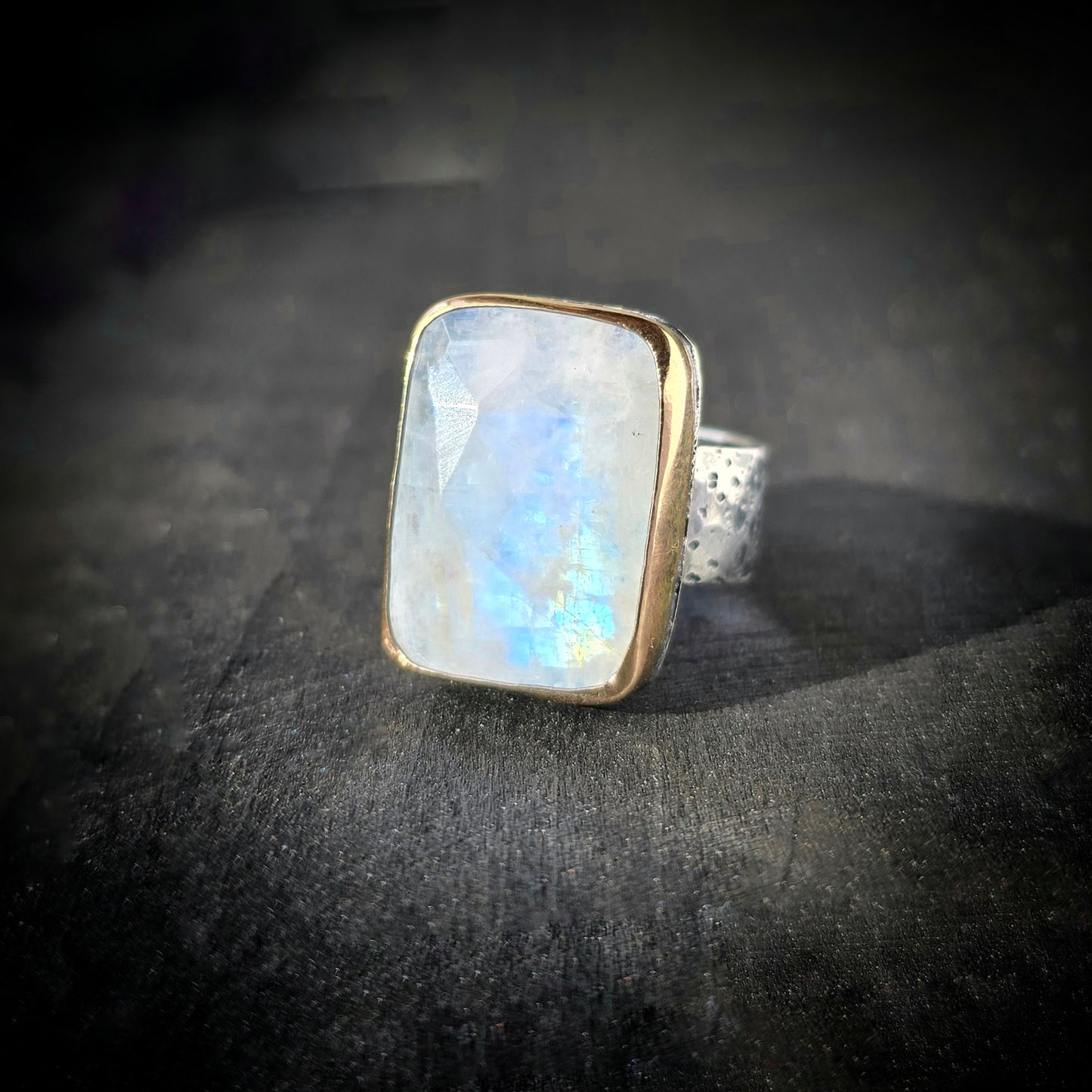 MOONSTONE Ring | Rose Cut Faceted White Flashing Mixed Metal 14k Gold Filled & 925 Sterling Silver Moonstone Crescent Moon Star Band