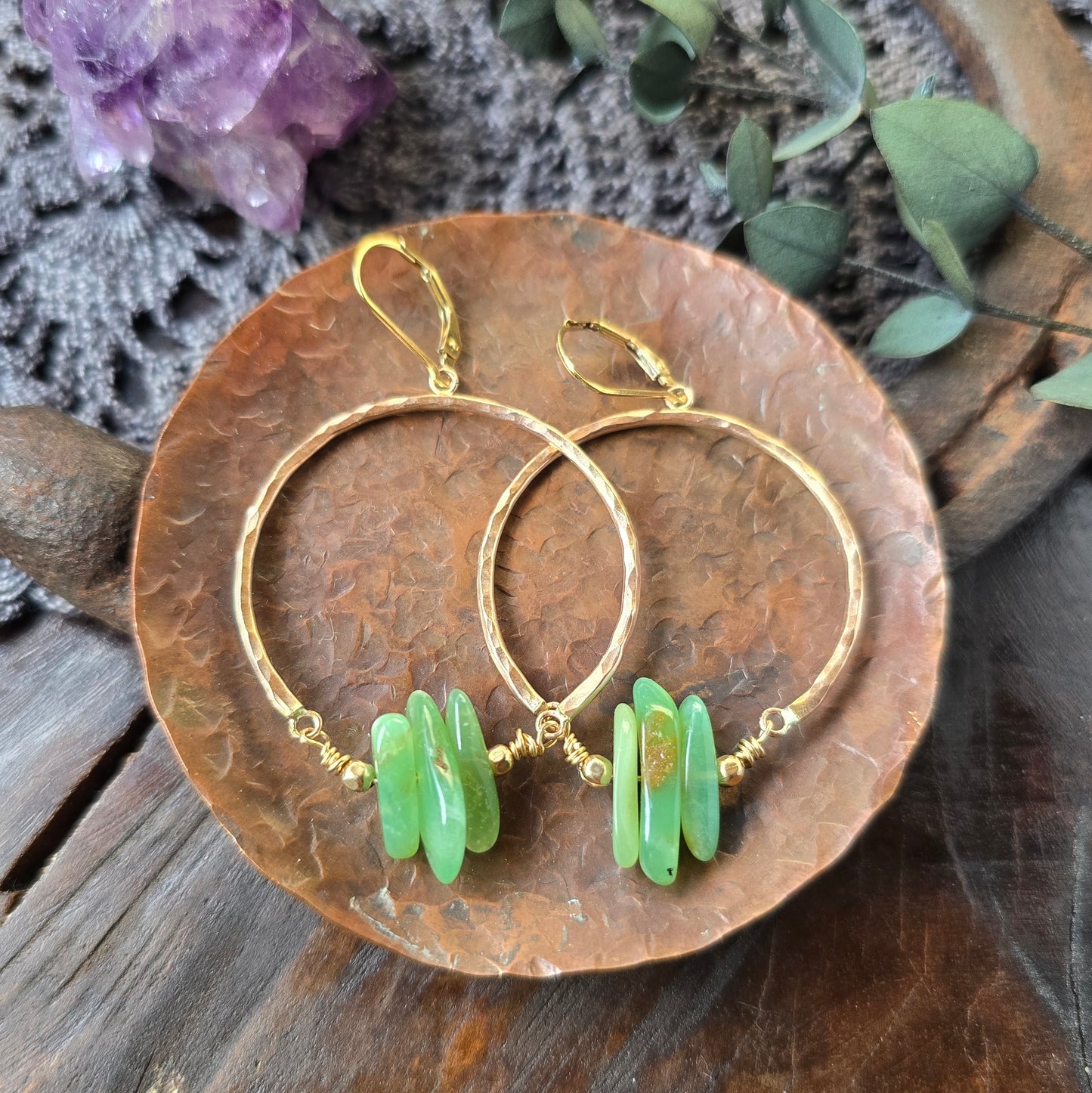 CHRYSOPRASE Gold Dangle Hoops | 14k Gold Filled Lever Back Hammered Wire Wrapped Natural Stone Hoop Earrings