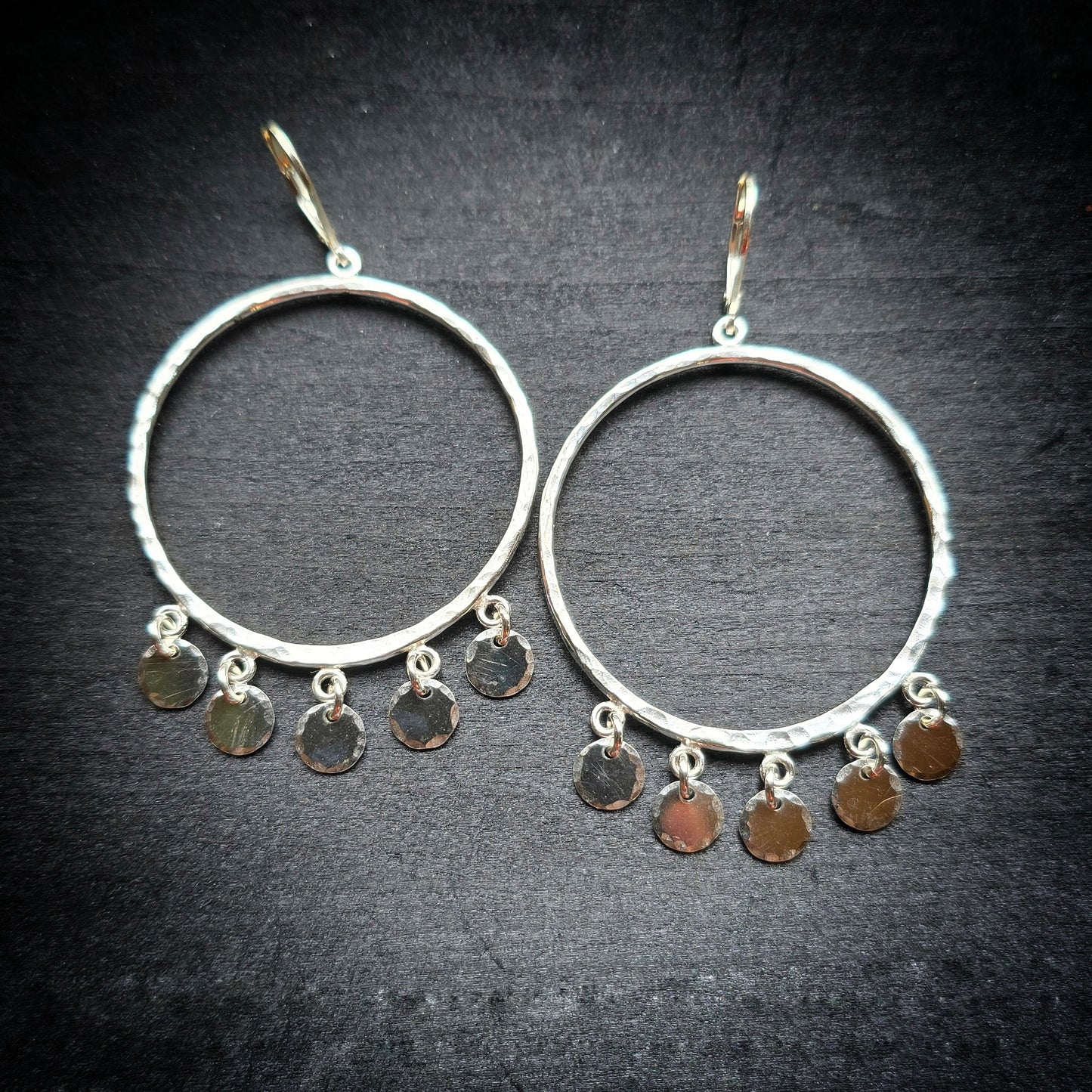GYPSET SEQUIN Dangle Hoops | 925 Sterling Silver or 14k Gold Filled Hammered Hoop Dangle Disc Lever Back Earrings