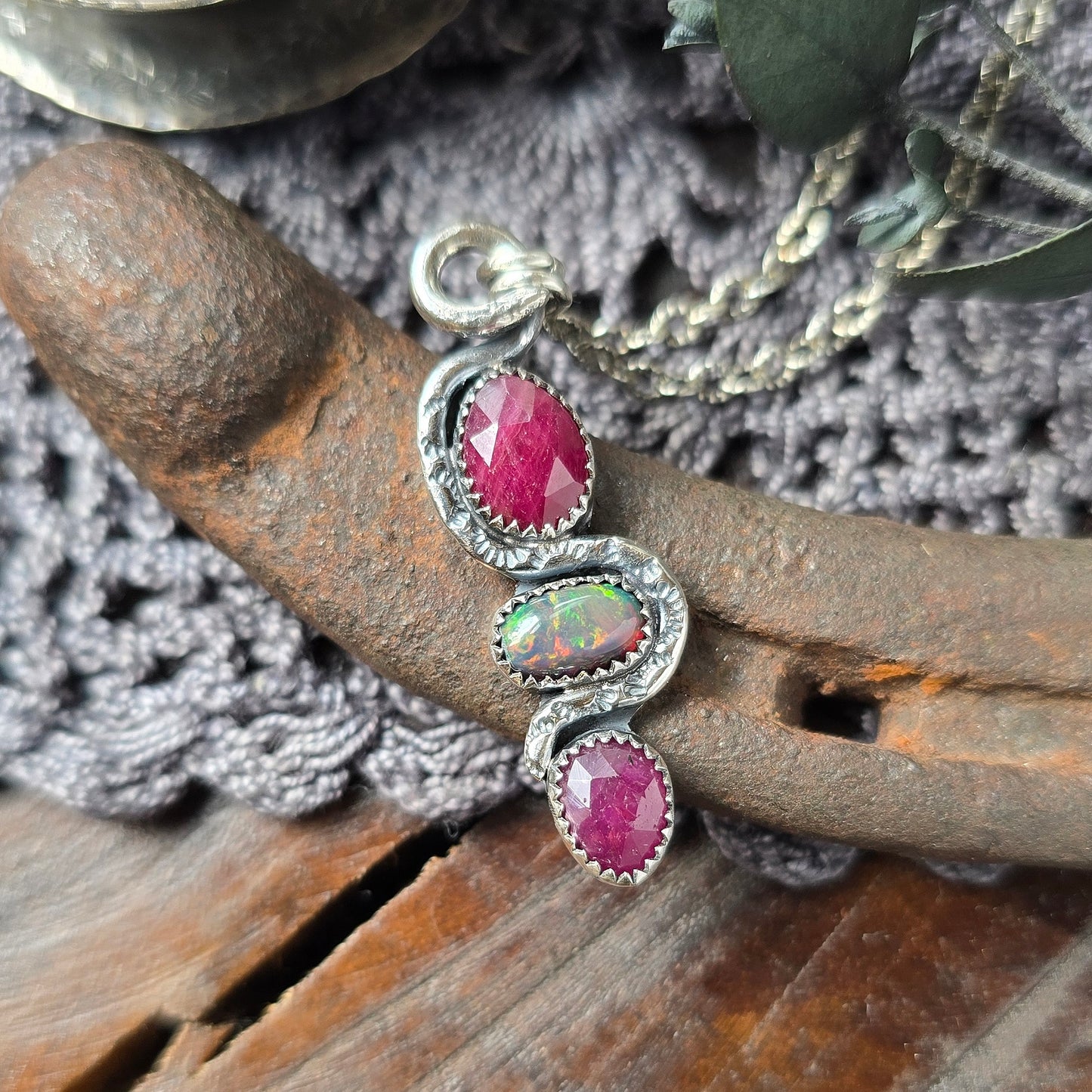 RUBY OPAL SNAKE Charmer Necklace | 925 Sterling Silver Rose Cut Faceted Ruby Smoke Welo Black Opal Tribal Serpent Pendant Necklace