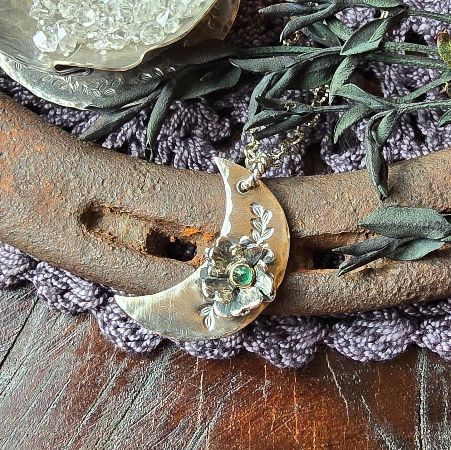 EMERALD Floral Crescent Necklace | 925 Sterling Silver Handcrafted Crescent Moon Flower Pendant Necklace