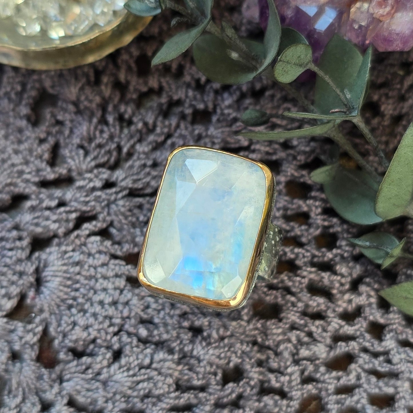 MOONSTONE Ring | Rose Cut Faceted White Flashing Mixed Metal 14k Gold Filled & 925 Sterling Silver Moonstone Crescent Moon Star Band