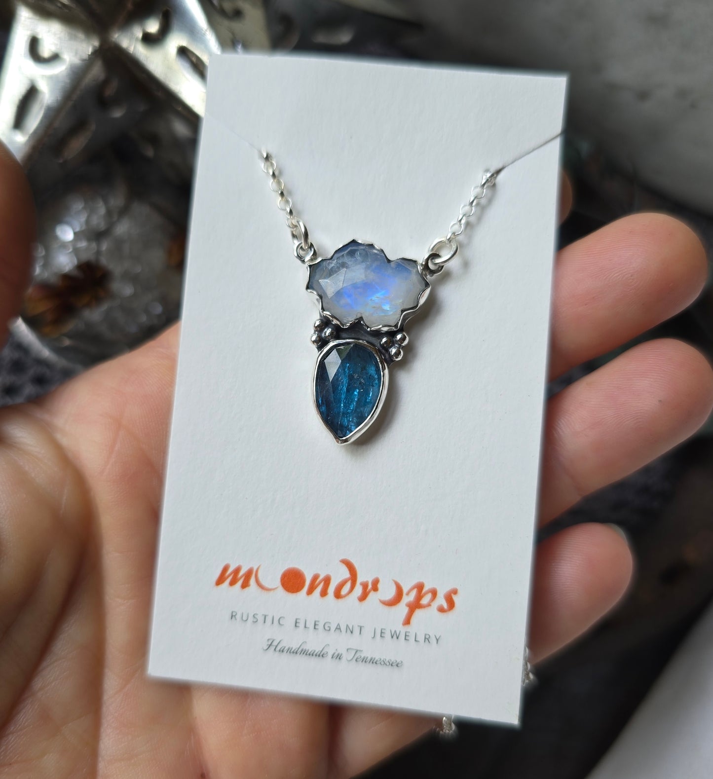 MOONSTONE KYANITE RAINCLOUD Necklace | Fine & 925 Sterling Silver Faceted Rose Cut Moonstone Cloud Blue Kyanite Rain Drop Pendant Necklace