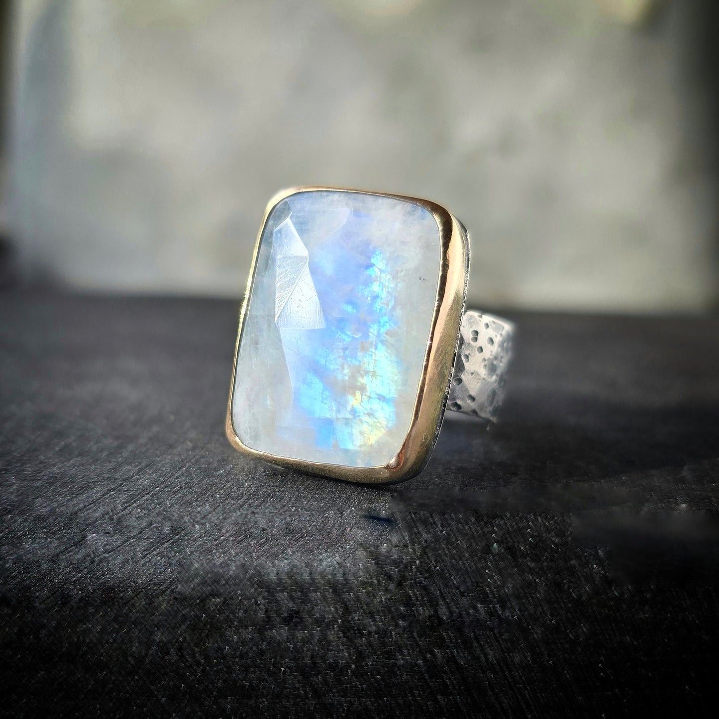 MOONSTONE Ring | Rose Cut Faceted White Flashing Mixed Metal 14k Gold Filled & 925 Sterling Silver Moonstone Crescent Moon Star Band