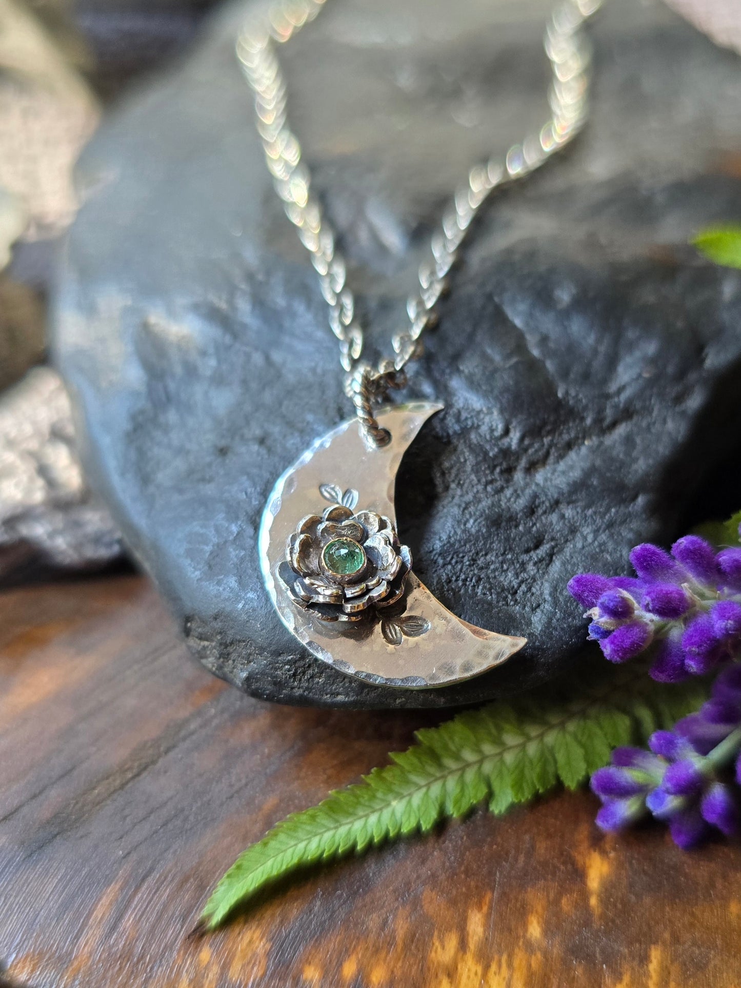 EMERALD Floral Crescent Necklace | 925 Sterling Silver Handcrafted Crescent Moon Flower Pendant Necklace