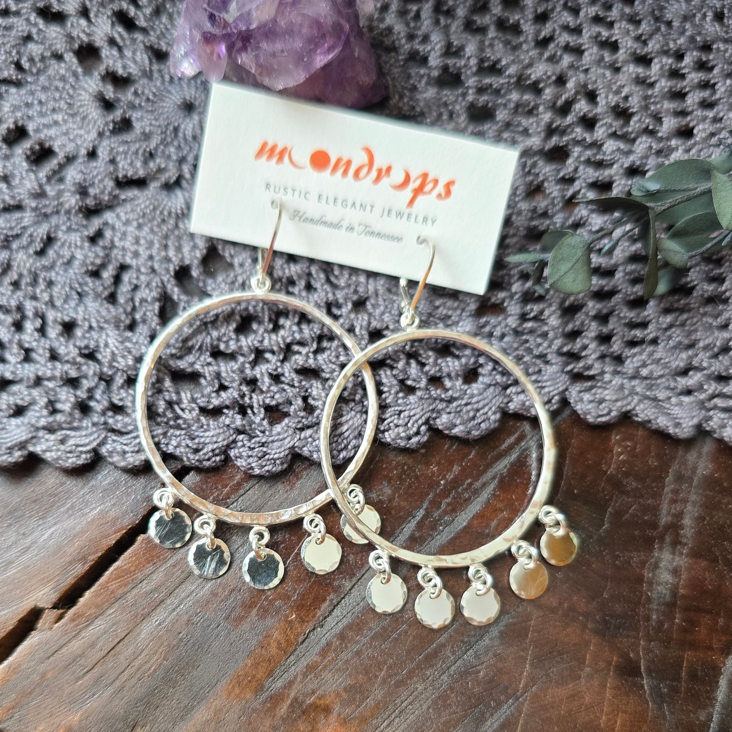 GYPSET SEQUIN Dangle Hoops | 925 Sterling Silver or 14k Gold Filled Hammered Hoop Dangle Disc Lever Back Earrings