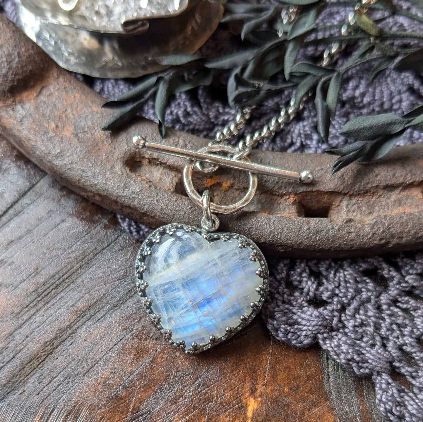 MOONSTONE HEART Necklace | 925 Sterling Silver Blue Flashing White Moonstone Heart Toggle Necklace | Fancy Inverted Heart Gallery Bezel