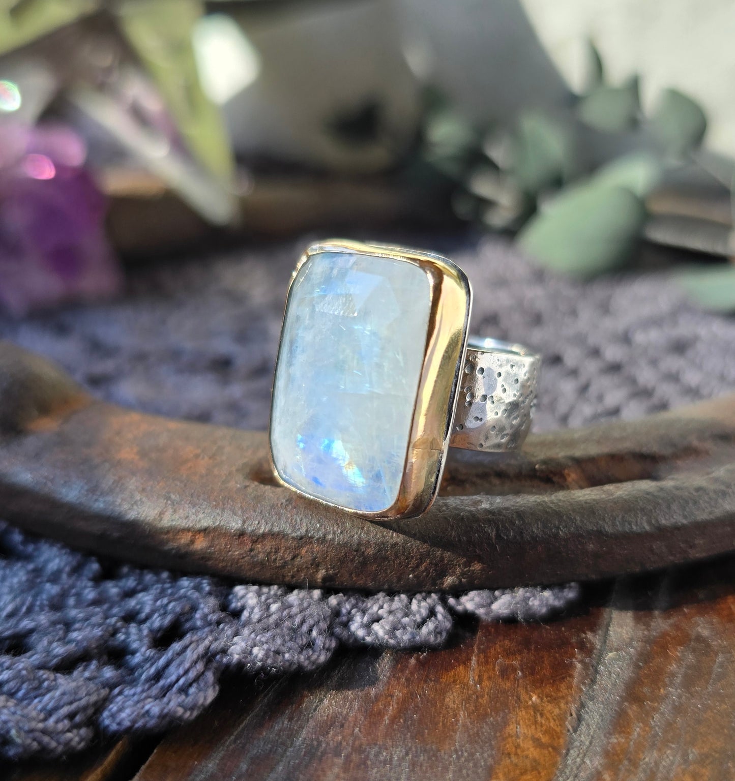 MOONSTONE Ring | Rose Cut Faceted White Flashing Mixed Metal 14k Gold Filled & 925 Sterling Silver Moonstone Crescent Moon Star Band