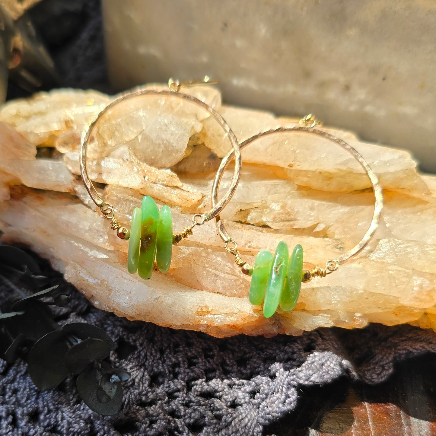 CHRYSOPRASE Gold Dangle Hoops | 14k Gold Filled Lever Back Hammered Wire Wrapped Natural Stone Hoop Earrings