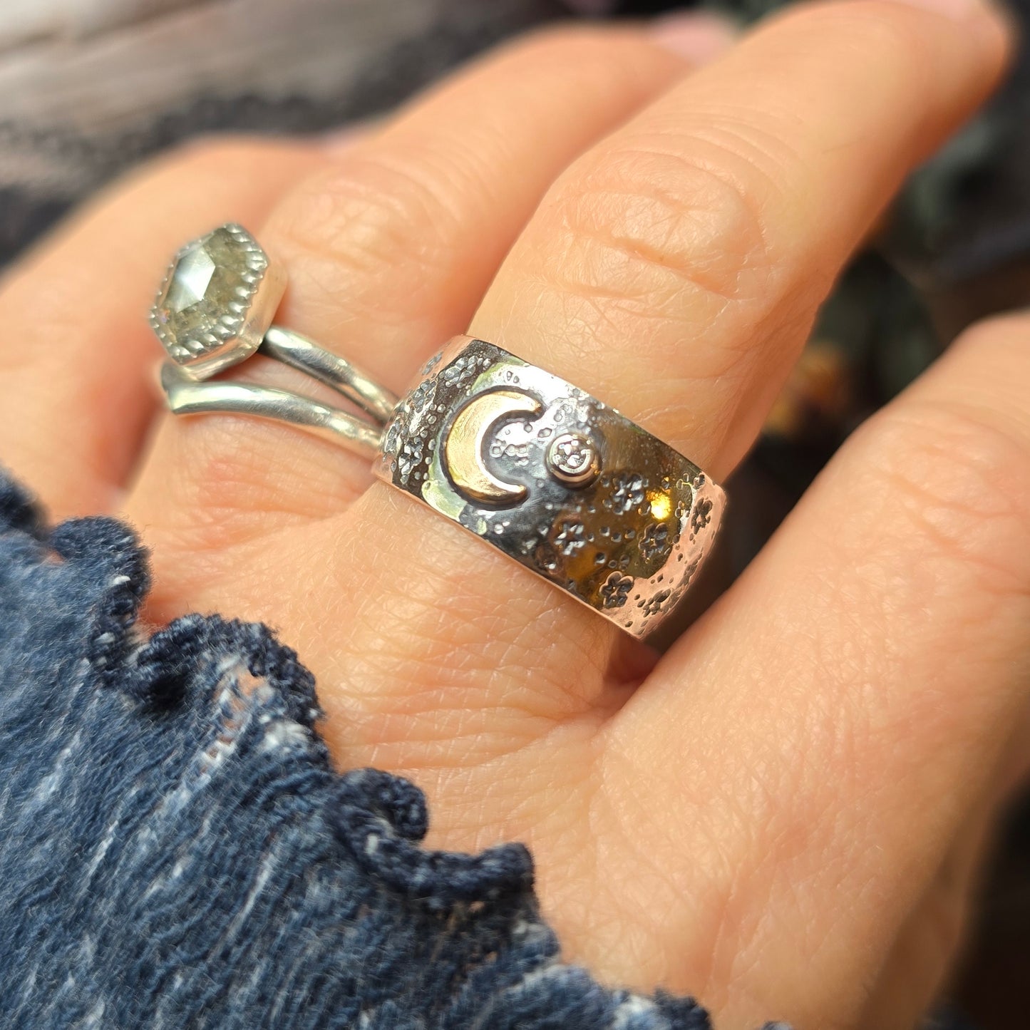 DIAMOND CRESCENT MOON Band | Certified Lab Grown or Genuine Diamond Crescent Moon Ring | 925 Sterling Silver 14k Filled Mixed Metal Band