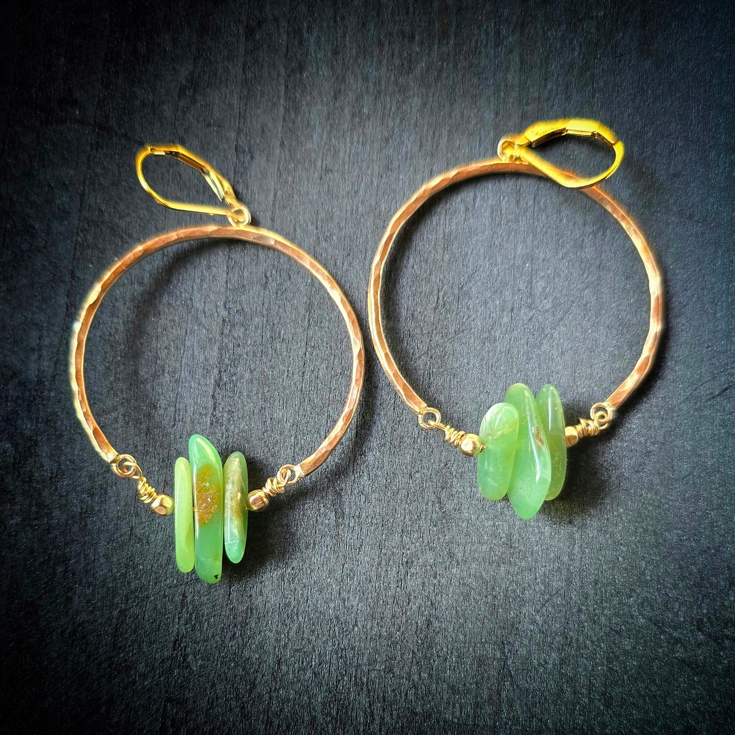 CHRYSOPRASE Gold Dangle Hoops | 14k Gold Filled Lever Back Hammered Wire Wrapped Natural Stone Hoop Earrings