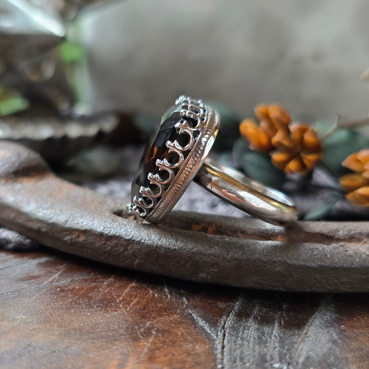 SMOKY QUARTZ Ring | Faceted Trillion Cut 925 Sterling Silver Fancy Filigree Victorian Gothic Rustic Gallery Bezel Large Statement Ring