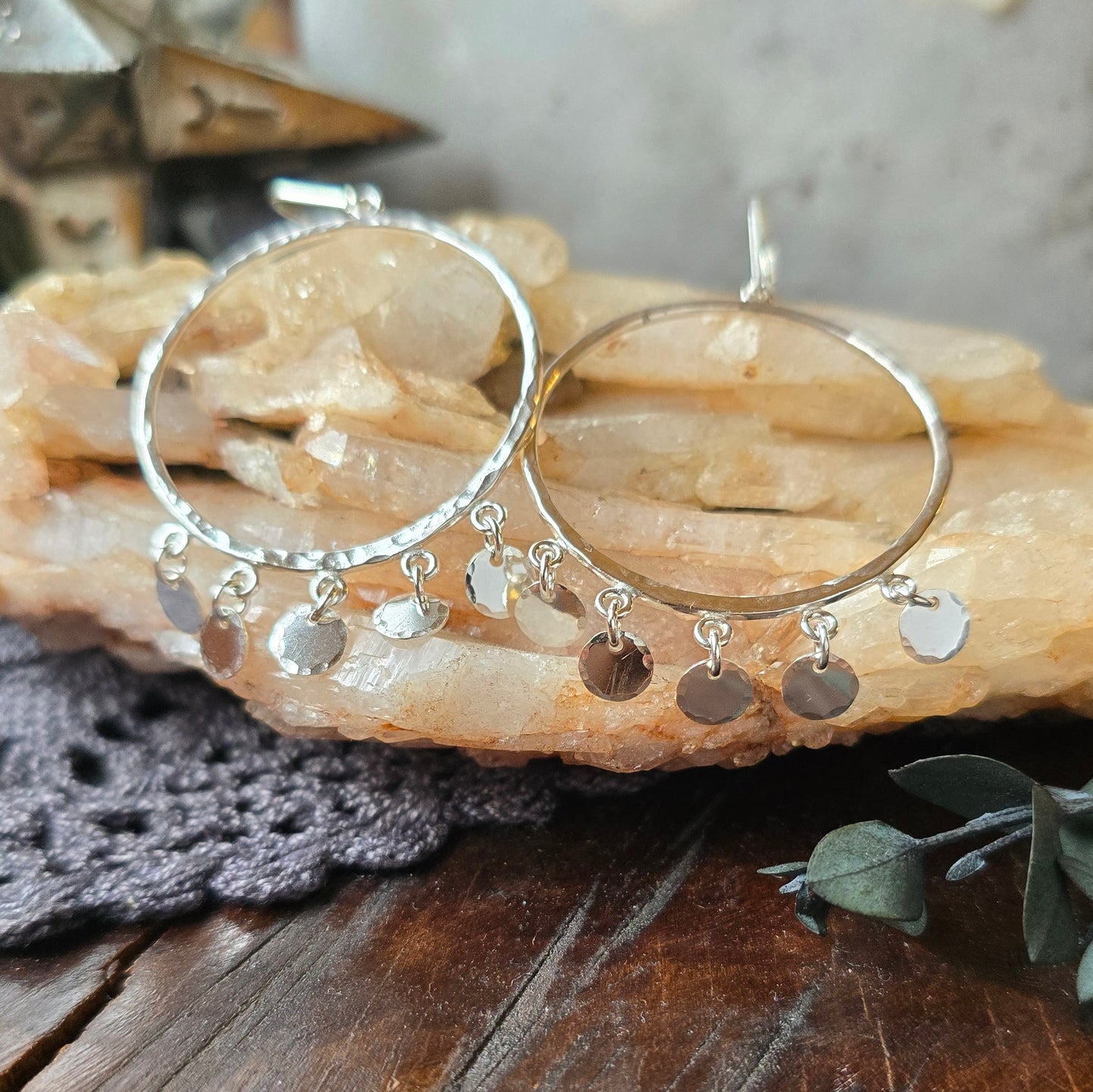 GYPSET SEQUIN Dangle Hoops | 925 Sterling Silver or 14k Gold Filled Hammered Hoop Dangle Disc Lever Back Earrings