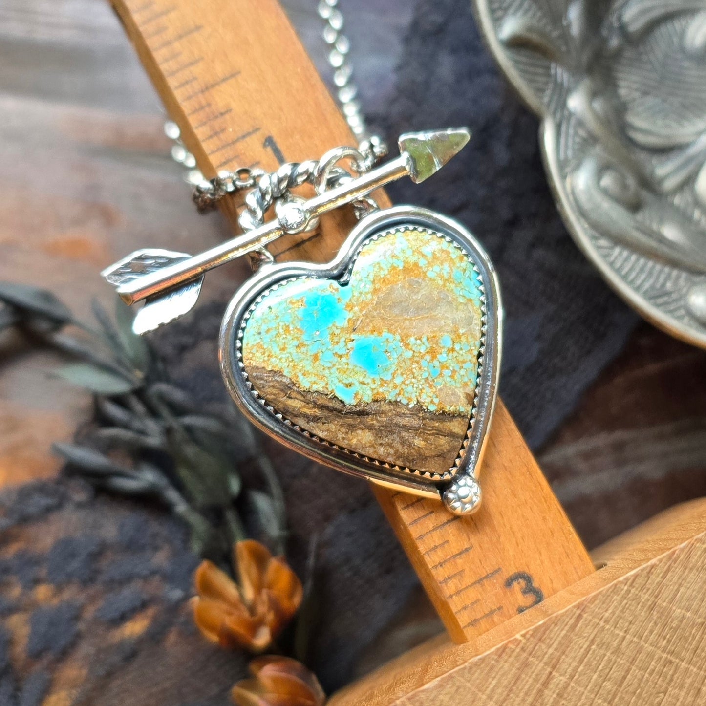 TURQUOISE HEART Necklace | 925 Sterling Silver Number 8 Nevada Turquoise Pendant Diamond Arrow Toggle
