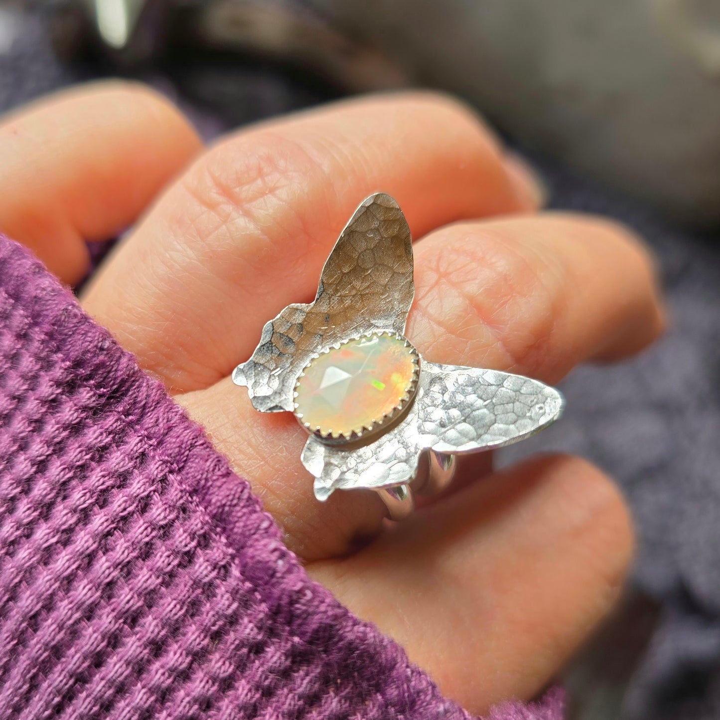 OPAL BUTTERFLY Ring | Fine & 925 Sterling Silver Rose Cut Faceted Welo Opal Hammered Butterfly Ring | Size 8 or Made to Order