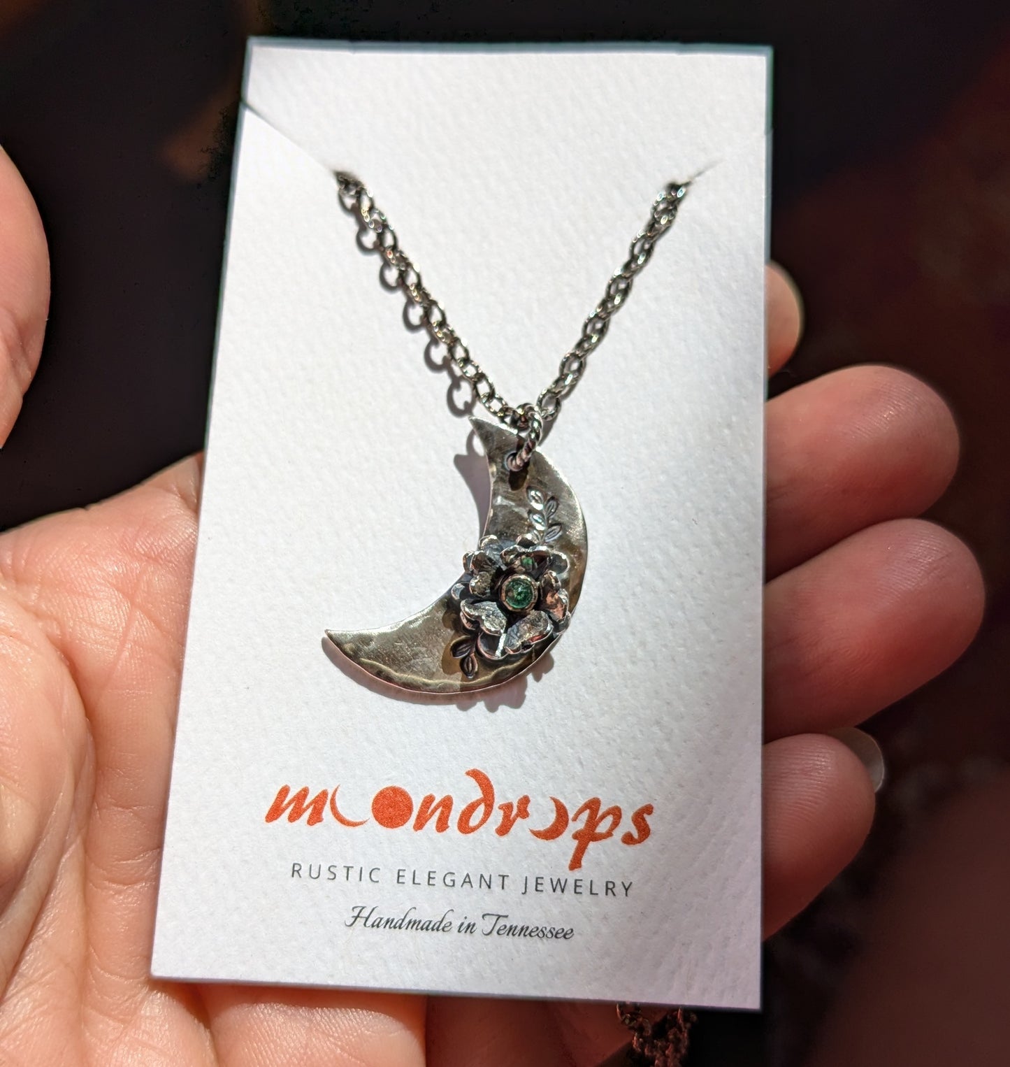 EMERALD Floral Crescent Necklace | 925 Sterling Silver Handcrafted Crescent Moon Flower Pendant Necklace