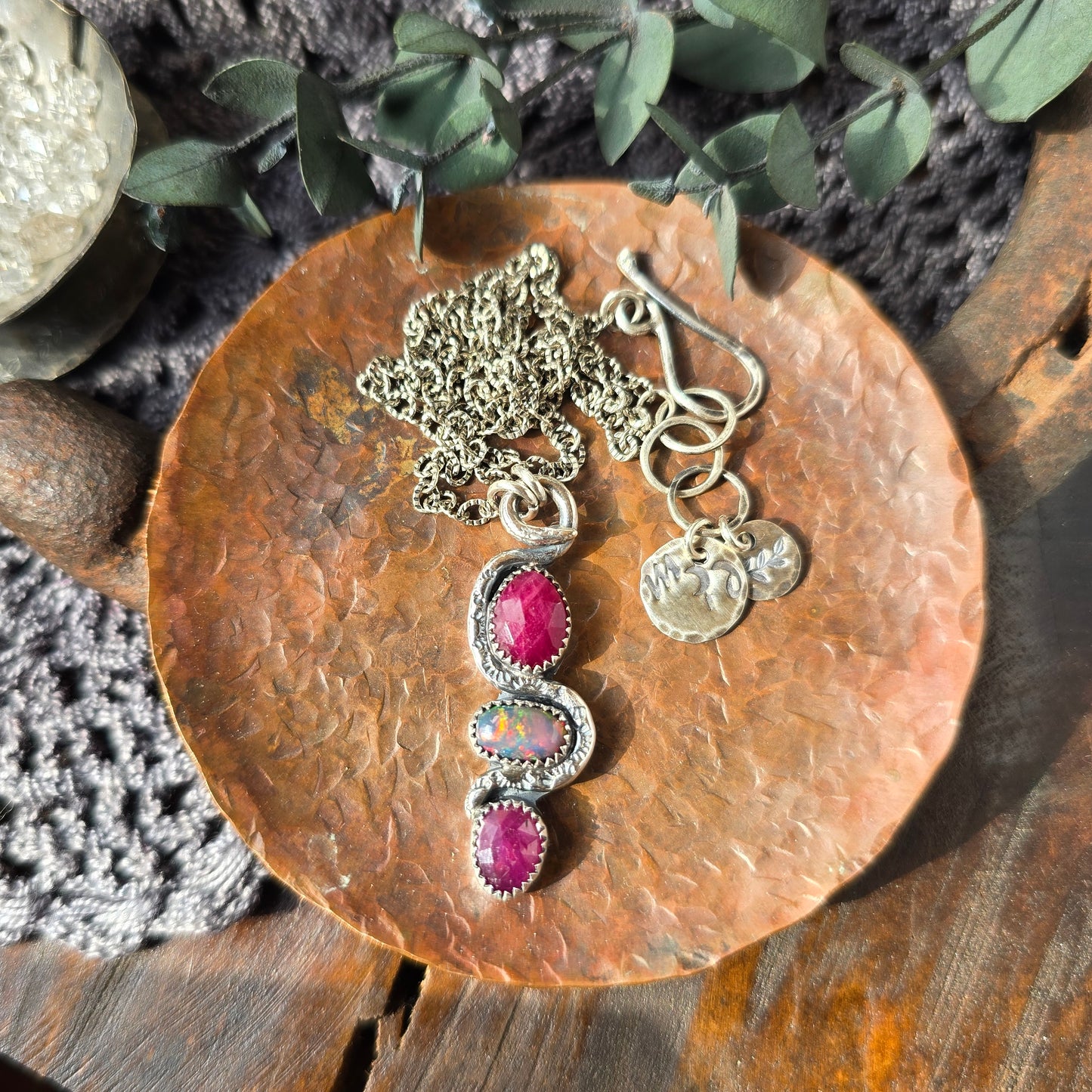 RUBY OPAL SNAKE Charmer Necklace | 925 Sterling Silver Rose Cut Faceted Ruby Smoke Welo Black Opal Tribal Serpent Pendant Necklace