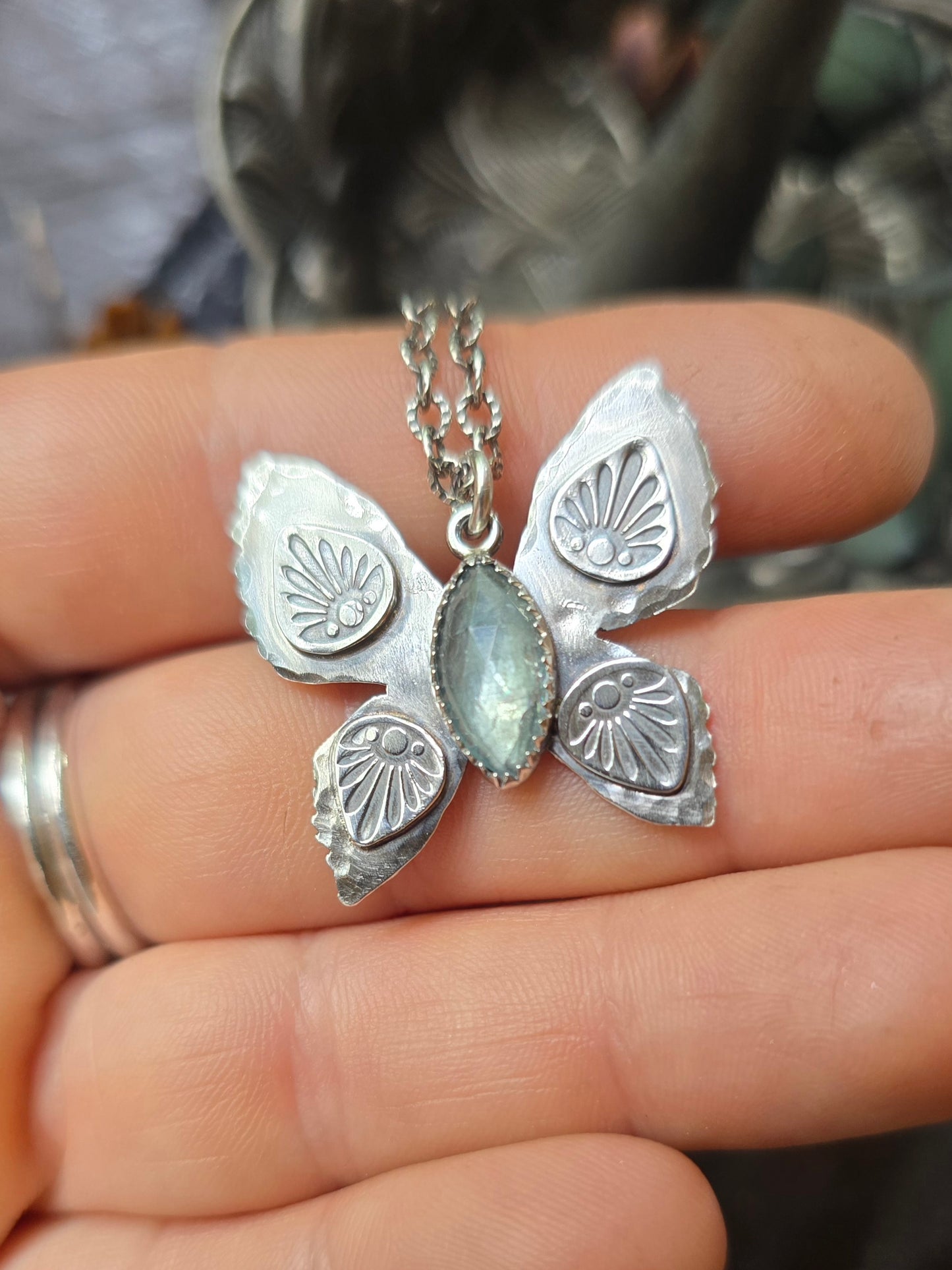 KYANITE BUTTERFLY Necklace | Rose Cut Faceted Paraiba Kyanite Handcrafted Tribal Butterfly Oxidized Sterling Silver Pendant Necklace