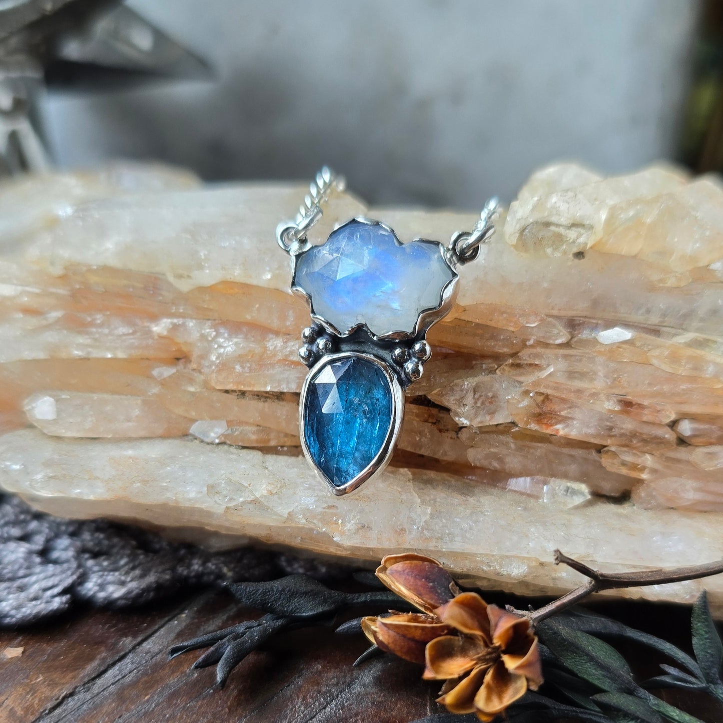 MOONSTONE KYANITE RAINCLOUD Necklace | Fine & 925 Sterling Silver Faceted Rose Cut Moonstone Cloud Blue Kyanite Rain Drop Pendant Necklace