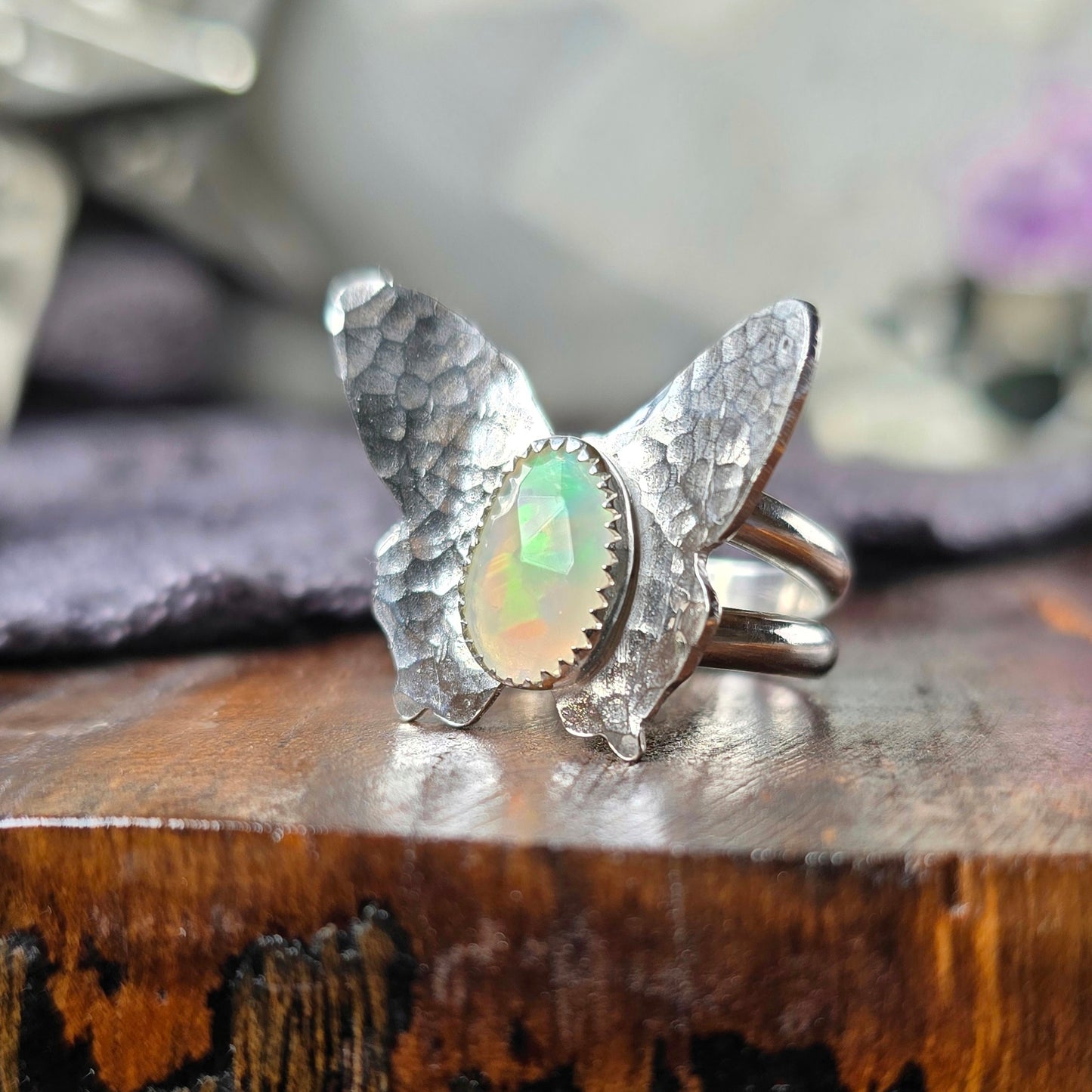 OPAL BUTTERFLY Ring | Fine & 925 Sterling Silver Rose Cut Faceted Welo Opal Hammered Butterfly Ring | Size 8 or Made to Order