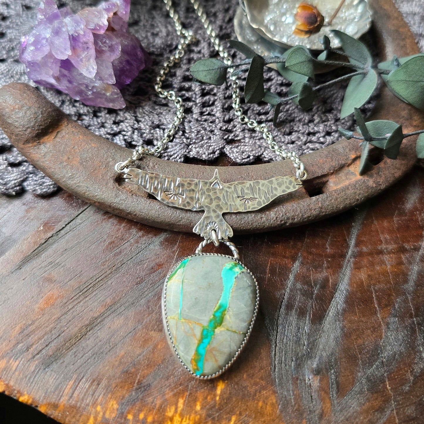 TURQUOISE HAWK Necklace | Boulder Nevada Ribbon Turquoise | 925 Sterling Silver Hawk Necklace | Southwest Native American Inspired Jewelry