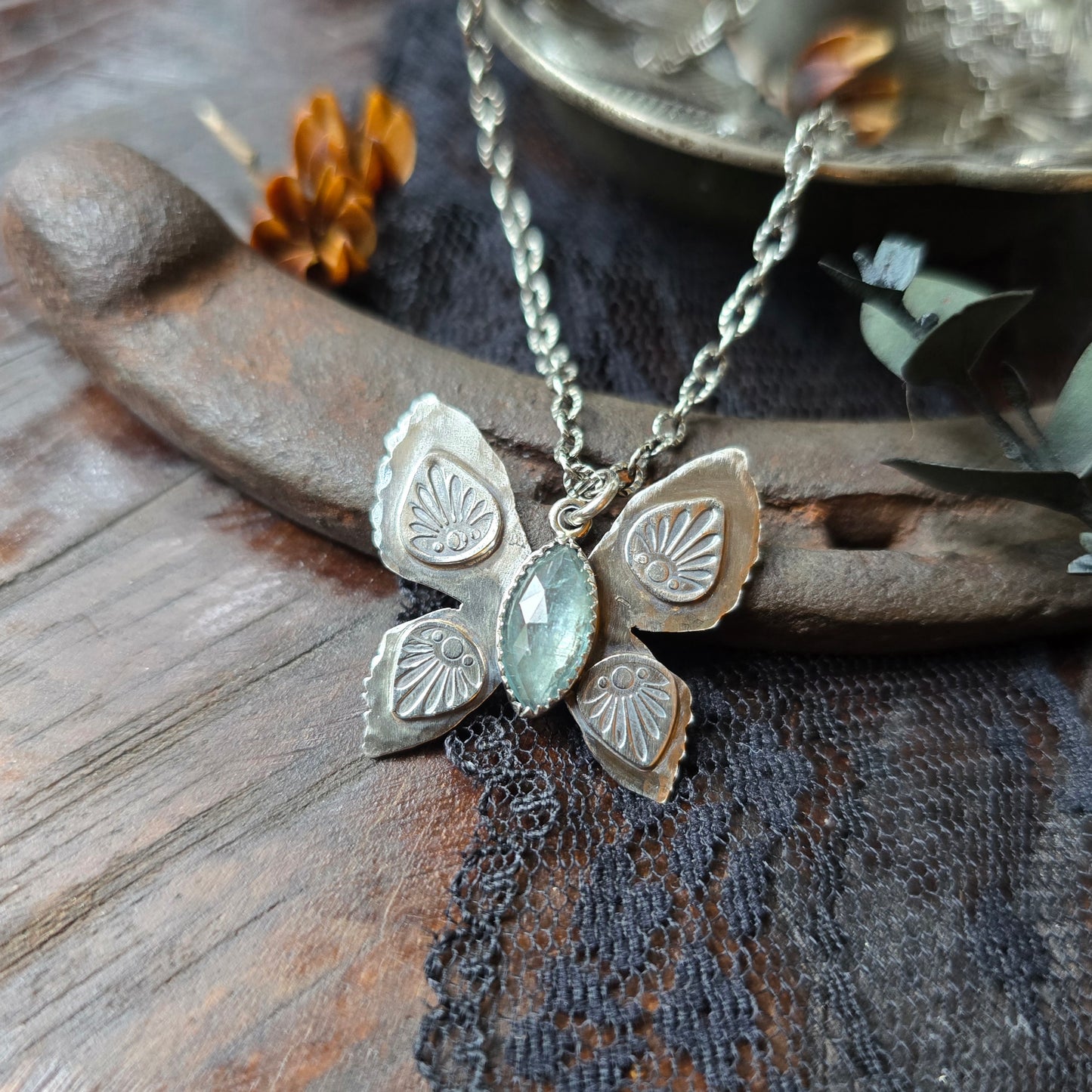 KYANITE BUTTERFLY Necklace | Rose Cut Faceted Paraiba Kyanite Handcrafted Tribal Butterfly Oxidized Sterling Silver Pendant Necklace