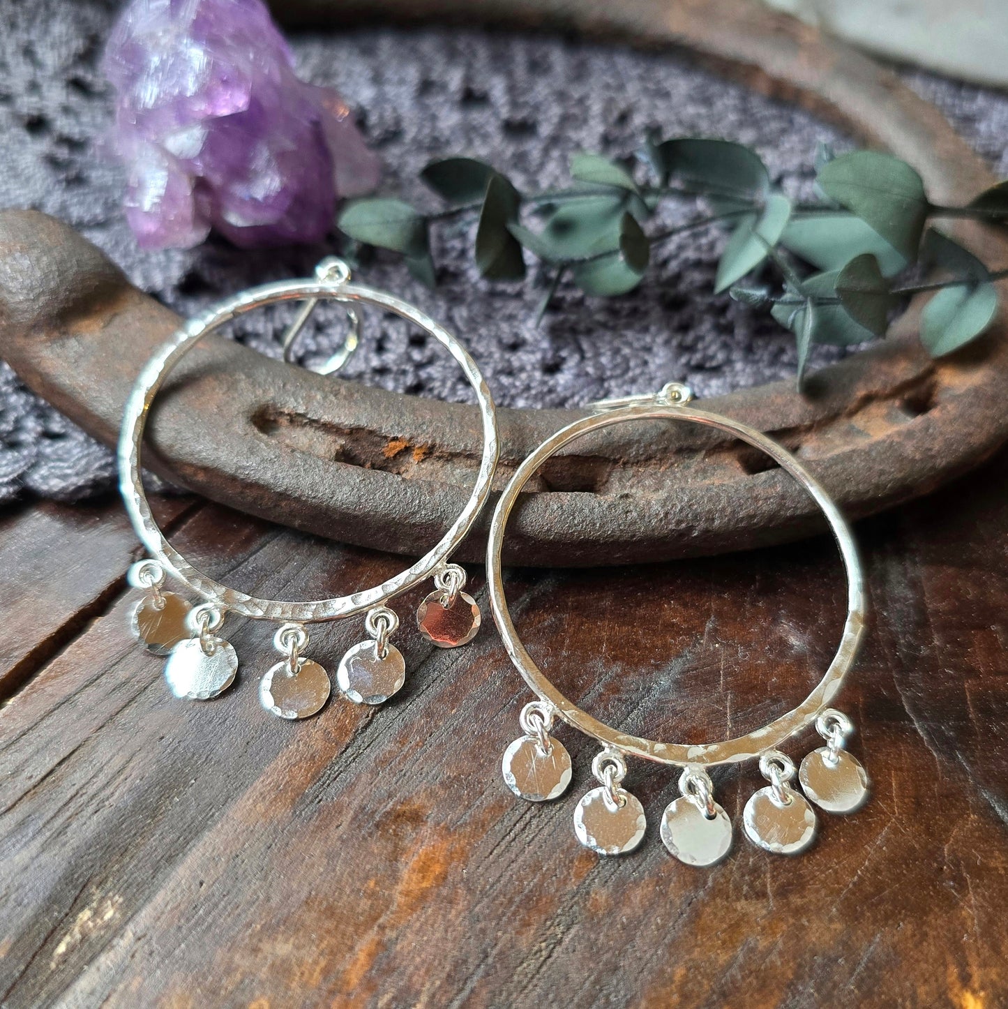 GYPSET SEQUIN Dangle Hoops | 925 Sterling Silver or 14k Gold Filled Hammered Hoop Dangle Disc Lever Back Earrings