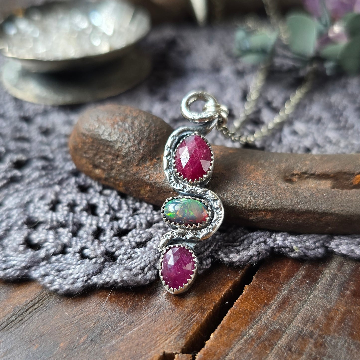 RUBY OPAL SNAKE Charmer Necklace | 925 Sterling Silver Rose Cut Faceted Ruby Smoke Welo Black Opal Tribal Serpent Pendant Necklace