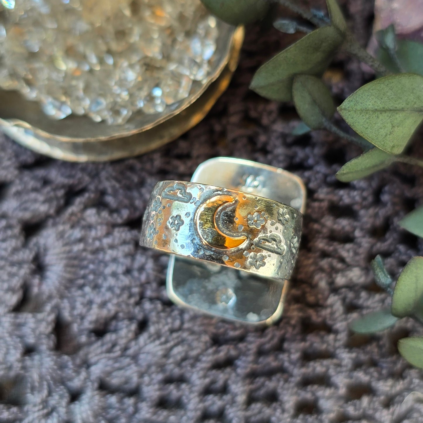 MOONSTONE Ring | Rose Cut Faceted White Flashing Mixed Metal 14k Gold Filled & 925 Sterling Silver Moonstone Crescent Moon Star Band