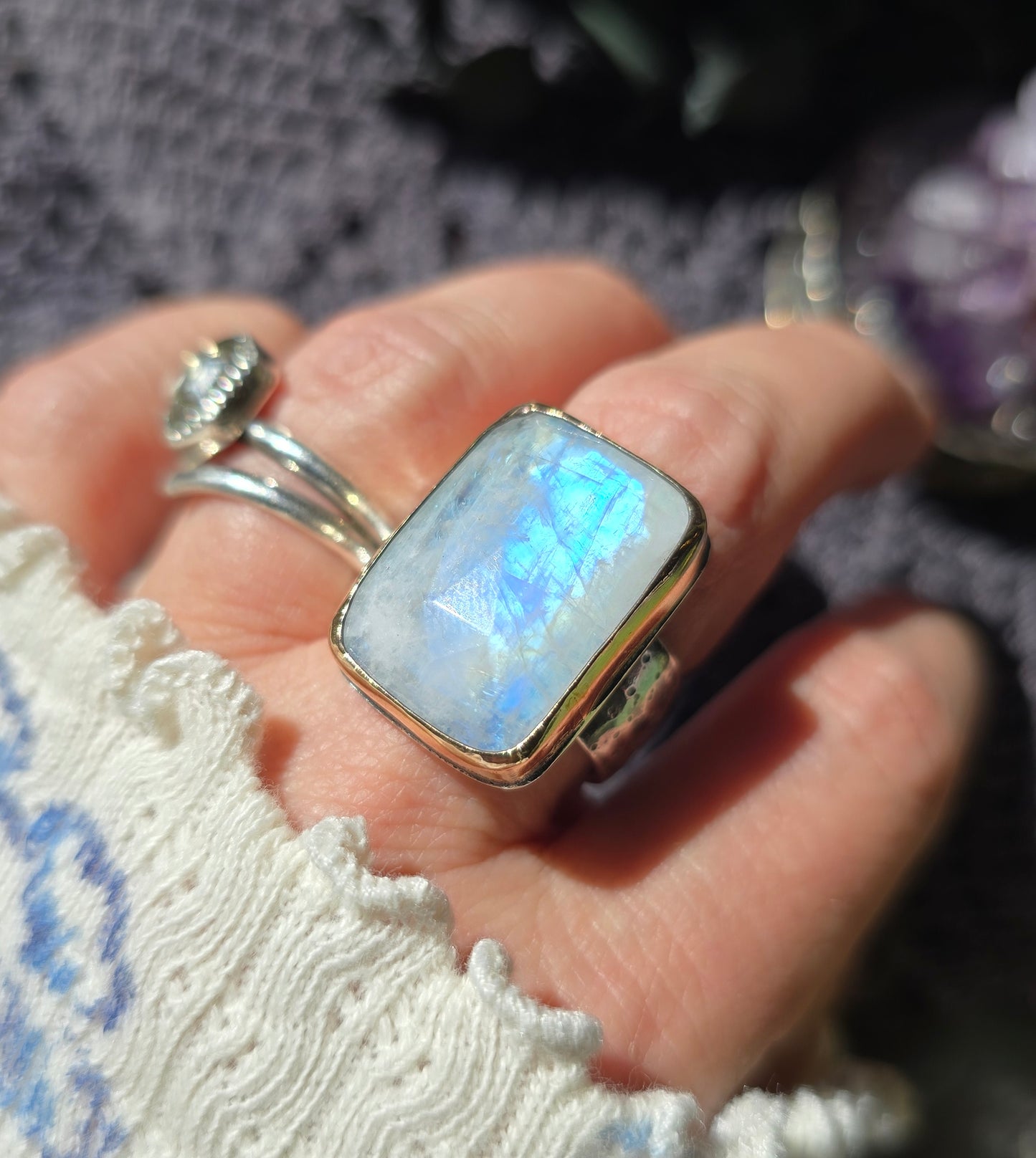 MOONSTONE Ring | Rose Cut Faceted White Flashing Mixed Metal 14k Gold Filled & 925 Sterling Silver Moonstone Crescent Moon Star Band