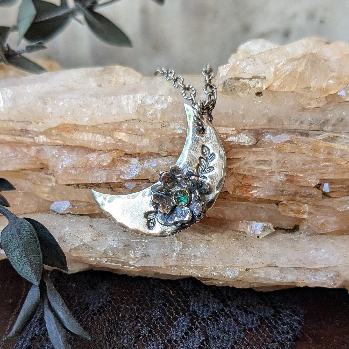 EMERALD Floral Crescent Necklace | 925 Sterling Silver Handcrafted Crescent Moon Flower Pendant Necklace