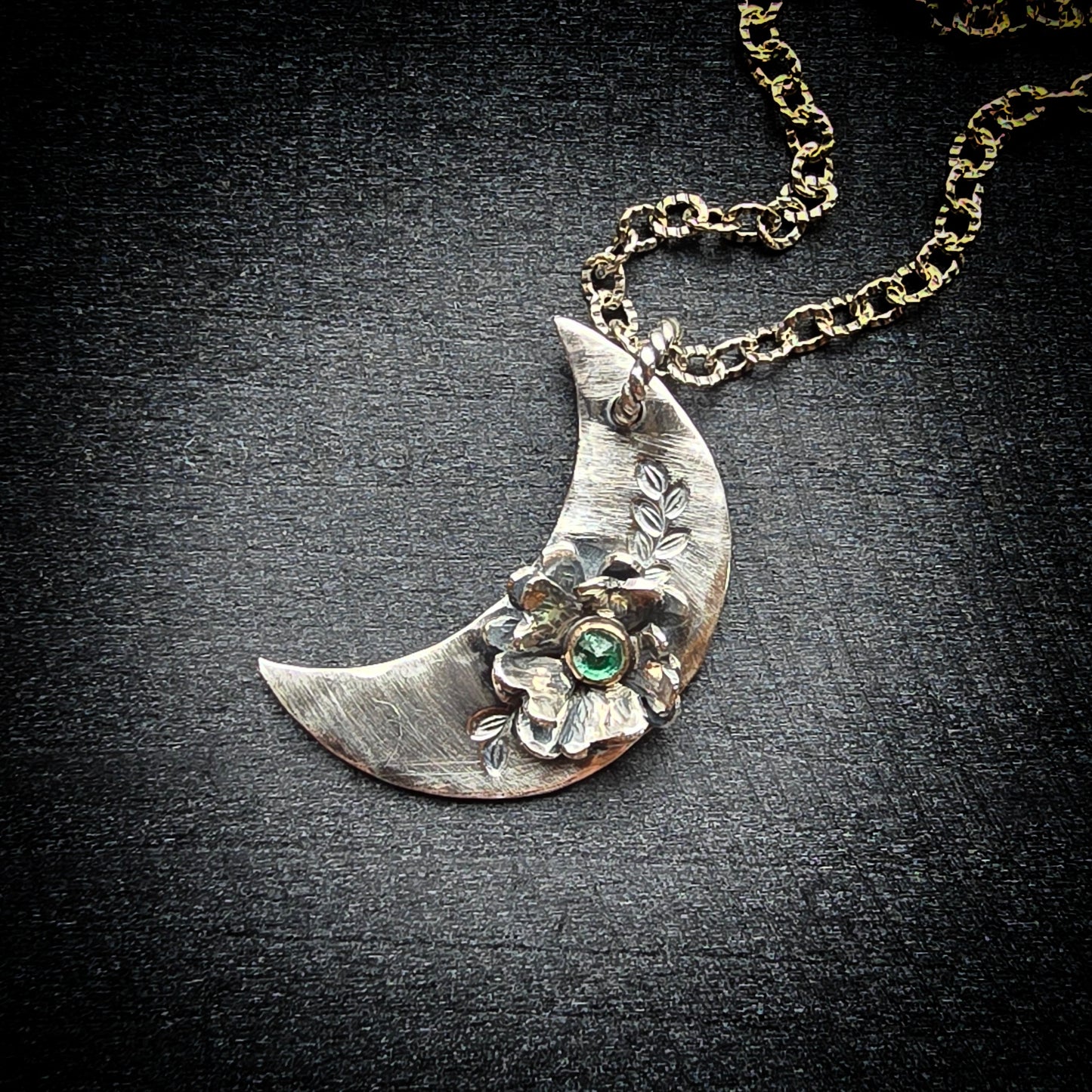 EMERALD Floral Crescent Necklace | 925 Sterling Silver Handcrafted Crescent Moon Flower Pendant Necklace