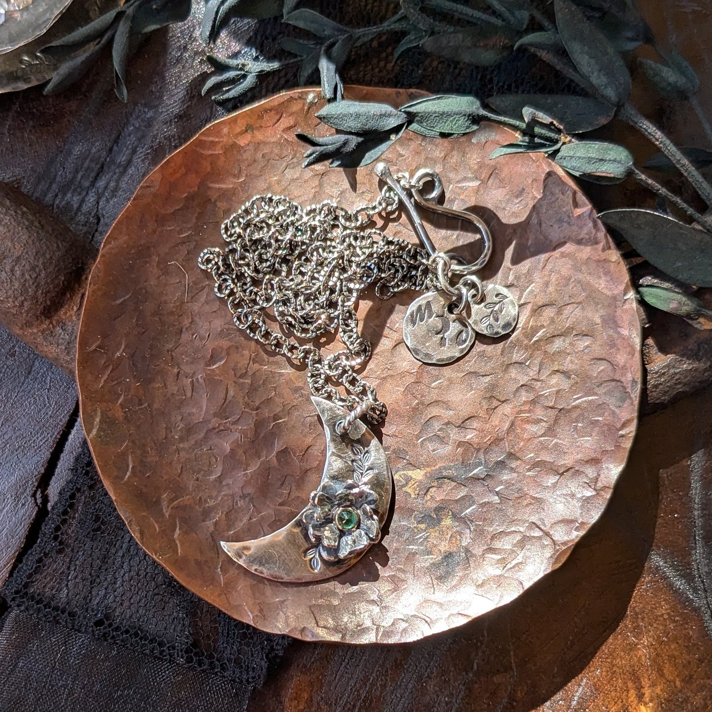 EMERALD Floral Crescent Necklace | 925 Sterling Silver Handcrafted Crescent Moon Flower Pendant Necklace