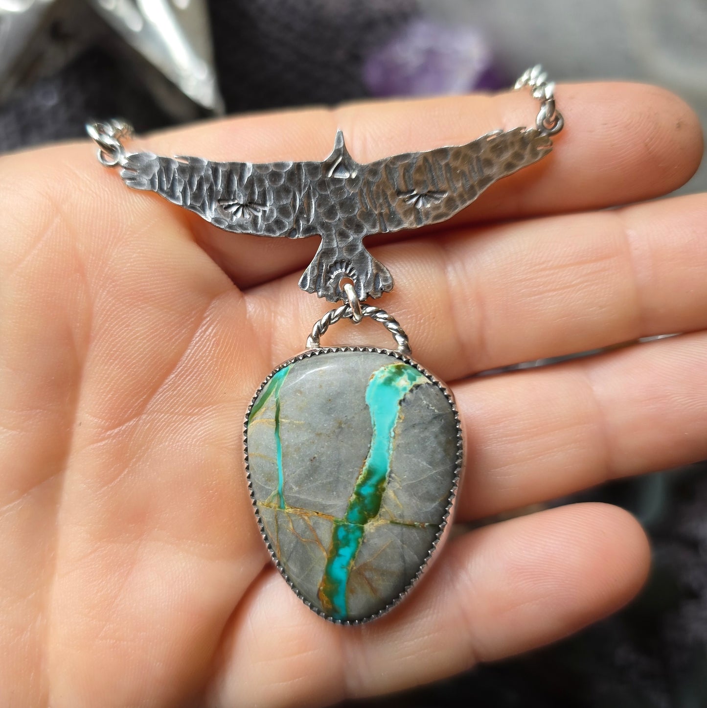 TURQUOISE HAWK Necklace | Boulder Nevada Ribbon Turquoise | 925 Sterling Silver Hawk Necklace | Southwest Native American Inspired Jewelry