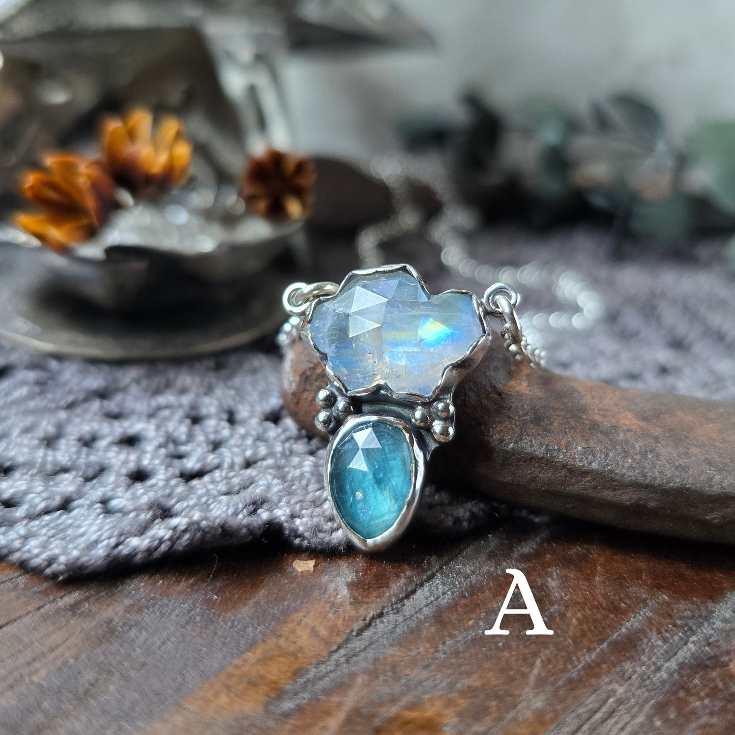 MOONSTONE KYANITE RAINCLOUD Necklace | Fine & 925 Sterling Silver Faceted Rose Cut Moonstone Cloud Blue Kyanite Rain Drop Pendant Necklace