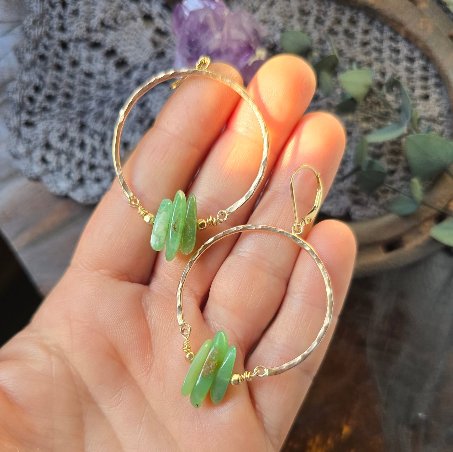 CHRYSOPRASE Gold Dangle Hoops | 14k Gold Filled Lever Back Hammered Wire Wrapped Natural Stone Hoop Earrings